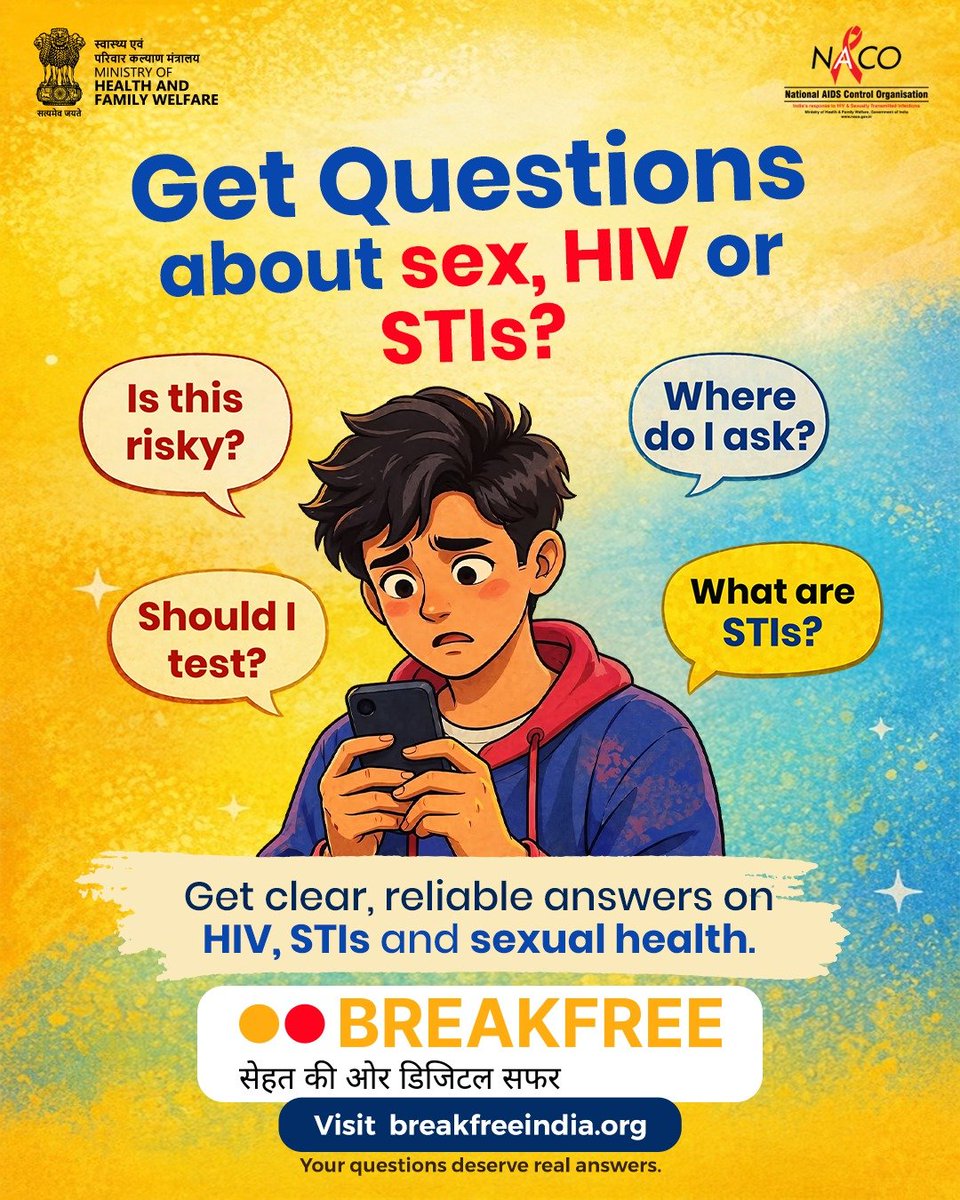 NACOINDIA's tweet photo. Got questions about HIV, STIs or your sexual health? 
Don’t leave a single one unanswered.

From reliable information to HIV self-assessment and finding your nearest testing centre, Breakfree India is your trusted partner. https://t.co/UCac8i5NT1
