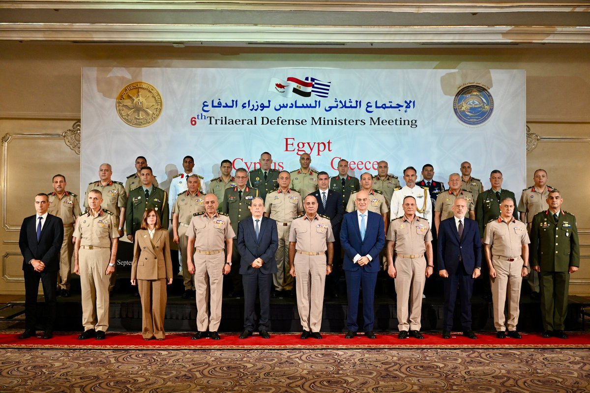 SRDracopoulos's tweet photo. 🇬🇷🤝🇪🇬🤝🇨🇾 The Defense Ministers of the three countries expressed the need to intensify efforts and coordinate positions to confront transboundary security challenges/threats, foremost of which are counterterrorism, combating all forms of smuggling, irregular migration, human trafficking, and organized crime, in addition to securing maritime navigation – imposing further responsibilities for coordination and cooperation to face these challenges.

The Ministers praised the results achieved by the forces participating in the joint military exercises, foremost of which is Exercise “Medusa”, which contributes to enhancing operational coordination and combat readiness to deter all forms of shared threats.

They also emphasized the importance and collective responsibility of the international community to cooperate in de-escalating current tensions in the region, the necessity of an immediate cessation of armed conflicts, and resolving crises through political means – avoiding the expansion of conflict and geographically and temporally extended confrontations that harm the entire world. They reaffirmed the commitment of the three countries to maintaining constructive dialogue with all concerned parties to serve regional security and stability.

In this context, it was agreed to:

The importance to strengthening military and defense cooperation frameworks to support the collective capacity for a rapid and unified response to any future developments regarding threat sources of all kinds against the three countries.

Intensify communication, consultation, and exchanged information and assessment, as well as coordinate joint capabilities in a manner commensurate with the gravity of current and future military and security threats and challenges at the regional level.

Hold the next meeting of the dialogue mechanism of the defense ministers of the Arab Republic of Egypt, the Republic of Cyprus, and the Hellenic Republic in Greece during 2027. — @hndgspio 
@NikosDendias @AlsisiOfficial @PalmasVasilis