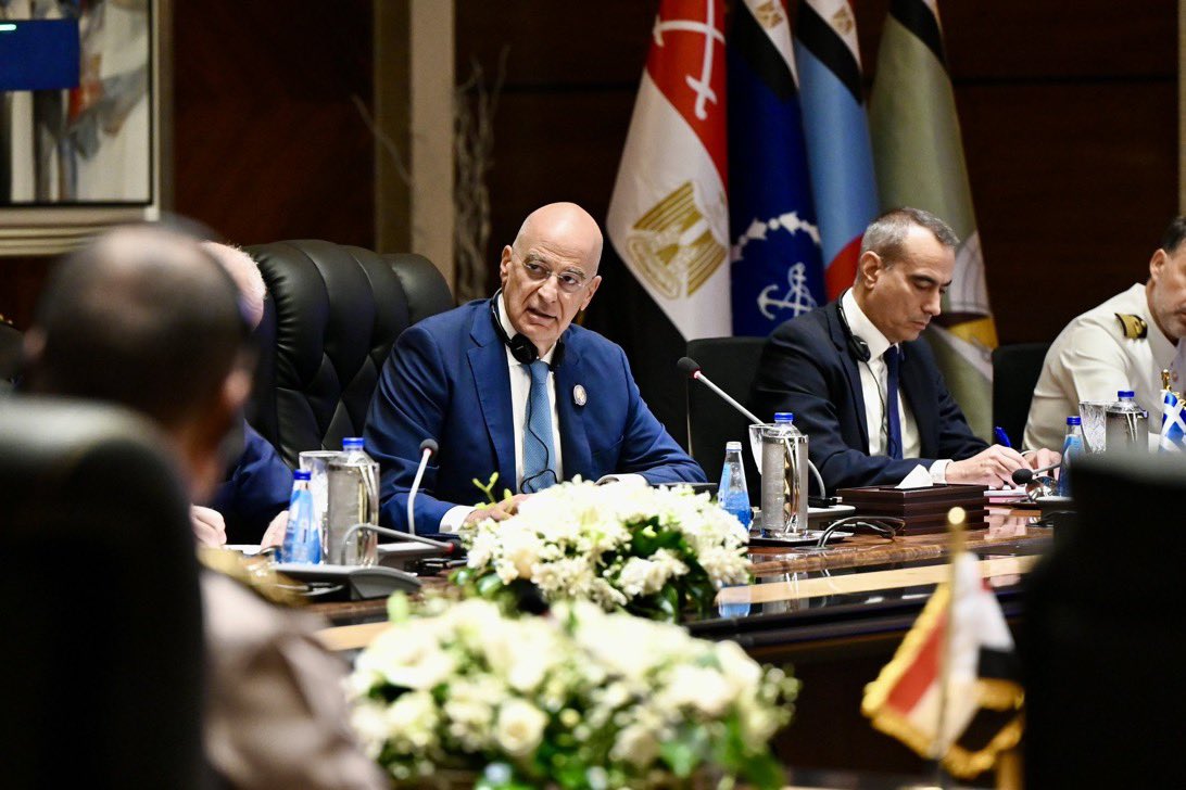 SRDracopoulos's tweet photo. 🇬🇷🤝🇪🇬🤝🇨🇾 The Defense Ministers of the three countries expressed the need to intensify efforts and coordinate positions to confront transboundary security challenges/threats, foremost of which are counterterrorism, combating all forms of smuggling, irregular migration, human trafficking, and organized crime, in addition to securing maritime navigation – imposing further responsibilities for coordination and cooperation to face these challenges.

The Ministers praised the results achieved by the forces participating in the joint military exercises, foremost of which is Exercise “Medusa”, which contributes to enhancing operational coordination and combat readiness to deter all forms of shared threats.

They also emphasized the importance and collective responsibility of the international community to cooperate in de-escalating current tensions in the region, the necessity of an immediate cessation of armed conflicts, and resolving crises through political means – avoiding the expansion of conflict and geographically and temporally extended confrontations that harm the entire world. They reaffirmed the commitment of the three countries to maintaining constructive dialogue with all concerned parties to serve regional security and stability.

In this context, it was agreed to:

The importance to strengthening military and defense cooperation frameworks to support the collective capacity for a rapid and unified response to any future developments regarding threat sources of all kinds against the three countries.

Intensify communication, consultation, and exchanged information and assessment, as well as coordinate joint capabilities in a manner commensurate with the gravity of current and future military and security threats and challenges at the regional level.

Hold the next meeting of the dialogue mechanism of the defense ministers of the Arab Republic of Egypt, the Republic of Cyprus, and the Hellenic Republic in Greece during 2027. — @hndgspio 
@NikosDendias @AlsisiOfficial @PalmasVasilis