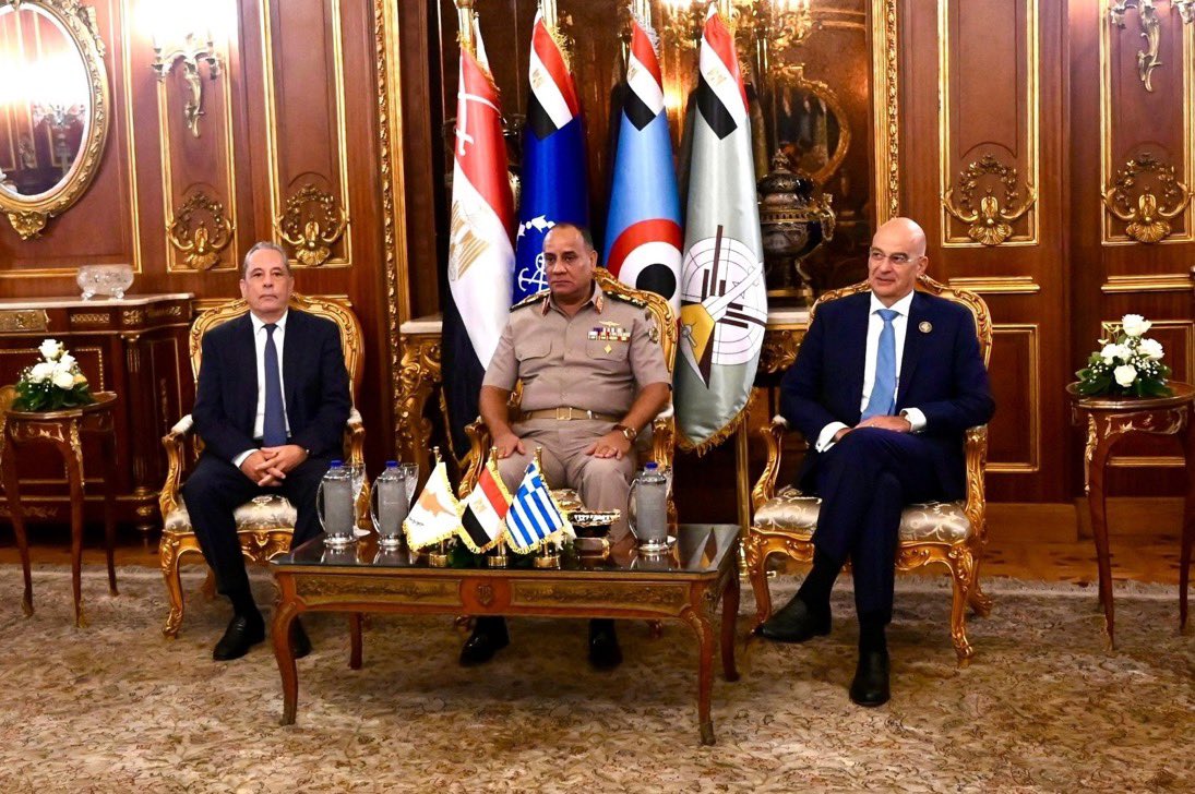 SRDracopoulos's tweet photo. 🇬🇷🤝🇪🇬🤝🇨🇾 The Defense Ministers of the three countries expressed the need to intensify efforts and coordinate positions to confront transboundary security challenges/threats, foremost of which are counterterrorism, combating all forms of smuggling, irregular migration, human trafficking, and organized crime, in addition to securing maritime navigation – imposing further responsibilities for coordination and cooperation to face these challenges.

The Ministers praised the results achieved by the forces participating in the joint military exercises, foremost of which is Exercise “Medusa”, which contributes to enhancing operational coordination and combat readiness to deter all forms of shared threats.

They also emphasized the importance and collective responsibility of the international community to cooperate in de-escalating current tensions in the region, the necessity of an immediate cessation of armed conflicts, and resolving crises through political means – avoiding the expansion of conflict and geographically and temporally extended confrontations that harm the entire world. They reaffirmed the commitment of the three countries to maintaining constructive dialogue with all concerned parties to serve regional security and stability.

In this context, it was agreed to:

The importance to strengthening military and defense cooperation frameworks to support the collective capacity for a rapid and unified response to any future developments regarding threat sources of all kinds against the three countries.

Intensify communication, consultation, and exchanged information and assessment, as well as coordinate joint capabilities in a manner commensurate with the gravity of current and future military and security threats and challenges at the regional level.

Hold the next meeting of the dialogue mechanism of the defense ministers of the Arab Republic of Egypt, the Republic of Cyprus, and the Hellenic Republic in Greece during 2027. — @hndgspio 
@NikosDendias @AlsisiOfficial @PalmasVasilis