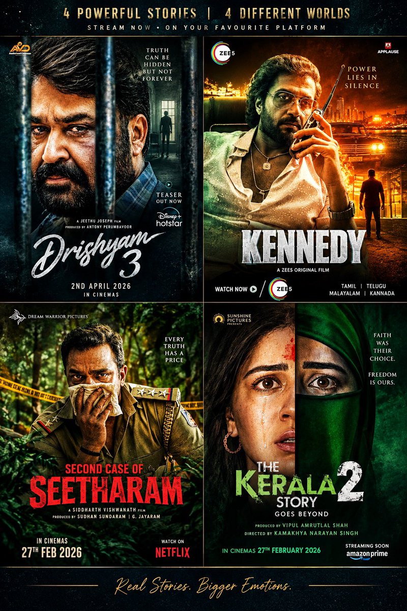 Chalztweets's tweet photo. 💀🎬 Dark Crime • Mystery • Suspense & Psychological😈 Thrillers Dramas 🎥👀

🕵️ Drishyam 3 (2026)
⭐ IMDb Rating: 6.8/10
🎭 Genre: Crime • Mystery • Thriller • Drama
📅 Release Date: 21 May 2026
📺 Platform: Theatrical Release
💥 Highlight: Mohanlal returns as Georgekutty in the third chapter of Jeethu Joseph’s acclaimed crime-thriller franchise. The story continues years after the previous events, with the past once again threatening to surface. The film’s release was postponed from 2 April to 21 May 2026. 

🔥 Kennedy (2026)
⭐ IMDb Rating: Coming Soon
🎭 Genre: Crime • Action • Thriller • Neo-Noir
📅 Release Date: 20 February 2026
📺 Platform: ZEE5
💥 Highlight: Anurag Kashyap’s dark neo-noir crime thriller follows a corrupt police officer operating within a dangerous criminal system. Rahul Bhat and Sunny Leone lead the cast, with Aamir Dalvi playing Salim Kattawala. 

🔎 Second Case of Seetharam (2026)
⭐ IMDb Rating: 6.4/10
🎭 Genre: Crime • Thriller • Mystery
📅 Release Date: 20 February 2026
📺 Platform: Amazon Prime Video
💥 Highlight: Vijay Raghavendra returns as Inspector Seetharam, investigating a disturbing series of murders in Anegadde. The film is directed by Deviprasad Shetty and continues the story from Seetharam Benoy Case No. 18. 

🩸 The Kerala Story 2: Goes Beyond (2026)
⭐ IMDb Rating: 6.1/10
🎭 Genre: Drama • Thriller
📅 Release Date: 27 February 2026
📺 Platform: Theatrical Release
💥 Highlight: The sequel to The Kerala Story follows a new set of characters and a darker narrative. The film was scheduled for 27 February 2026, and the Kerala High Court’s Division Bench allowed its release on the same day after an earlier interim stay.