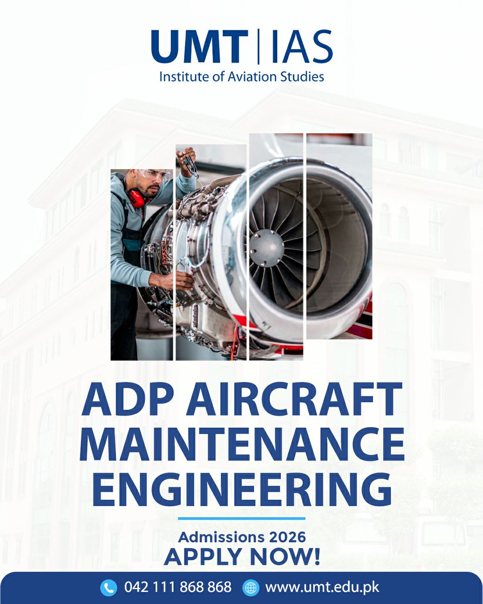 UMTOfficial's tweet photo. Turn your passion for aviation into a career with UMT-IAS. Explore #opportunities in Aircraft Maintenance Engineering, Aviation Business, and Aviation Technology with programs designed to prepare you for a #dynamic aviation industry.
Admissions 2026 are open.Apply Now & Take Your Career to New Heights!
042 111 868 868 | https://t.co/QRFY3Srgnu
#TheUMTEffect