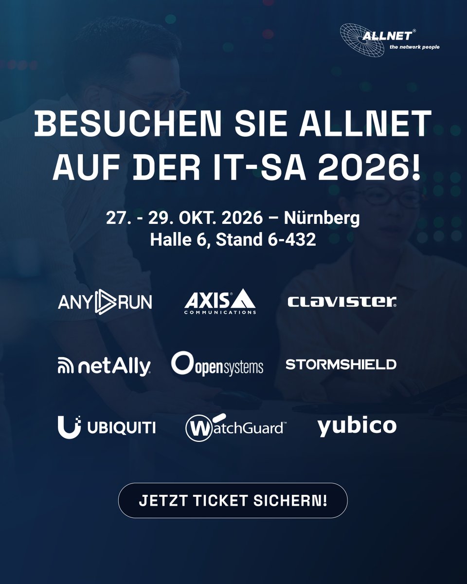 ALLNETGmbH's tweet photo. ALLNET auf der it-sa – Home of IT Security 2026: Jetzt anmelden &amp; Ticket sichern:
➡️ https://t.co/Jl9nji34op

📅 27. bis 29. Oktober 2026, Nürnberg
📍 Halle 6, Stand 6-432

#itsa26 https://t.co/FfLtosxGlt