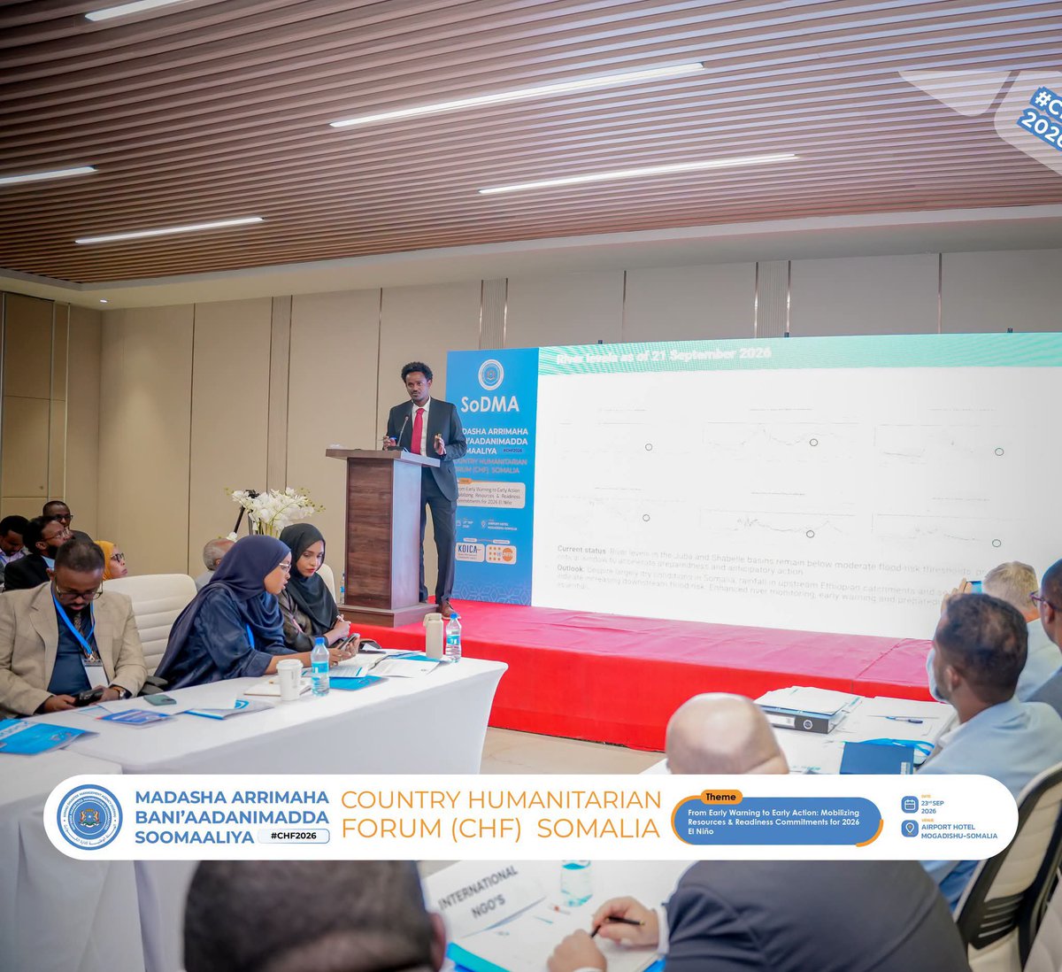 gedo247's tweet photo. @OCHASom presented the #Deyr2026 forecast at the #CHF2026 in Mogadishu, warning that Above-Average rainfall in parts of #Southern and #Central Somalia could raise the risk of riverine and flash flooding.
#ElNino2026 #ElNinoPreparedness #Flooding #Somalia https://t.co/myX3BuK1ln