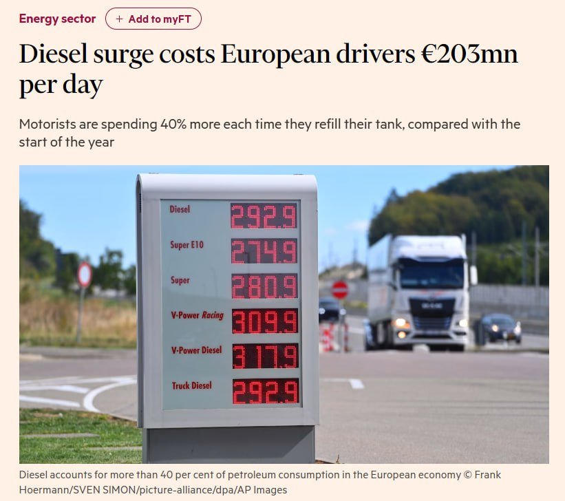 WorldConflict_X's tweet photo. 🚨 BREAKING: European drivers are now paying roughly €30 more for a 50-litre diesel tank than at the start of the year, per FT, as Strait of Hormuz disruptions and Ukrainian strikes on Russian refineries push fuel prices to record highs.

Diesel prices across Europe have risen 40% in 2026, versus 28% for petrol, with European motorists facing an estimated €203 million in added daily diesel costs since the Iran war began — the Netherlands has Europe's most expensive diesel at over $2.80/litre, while global stockpiles tighten further as Russia bans diesel exports to manage its own domestic squeeze.