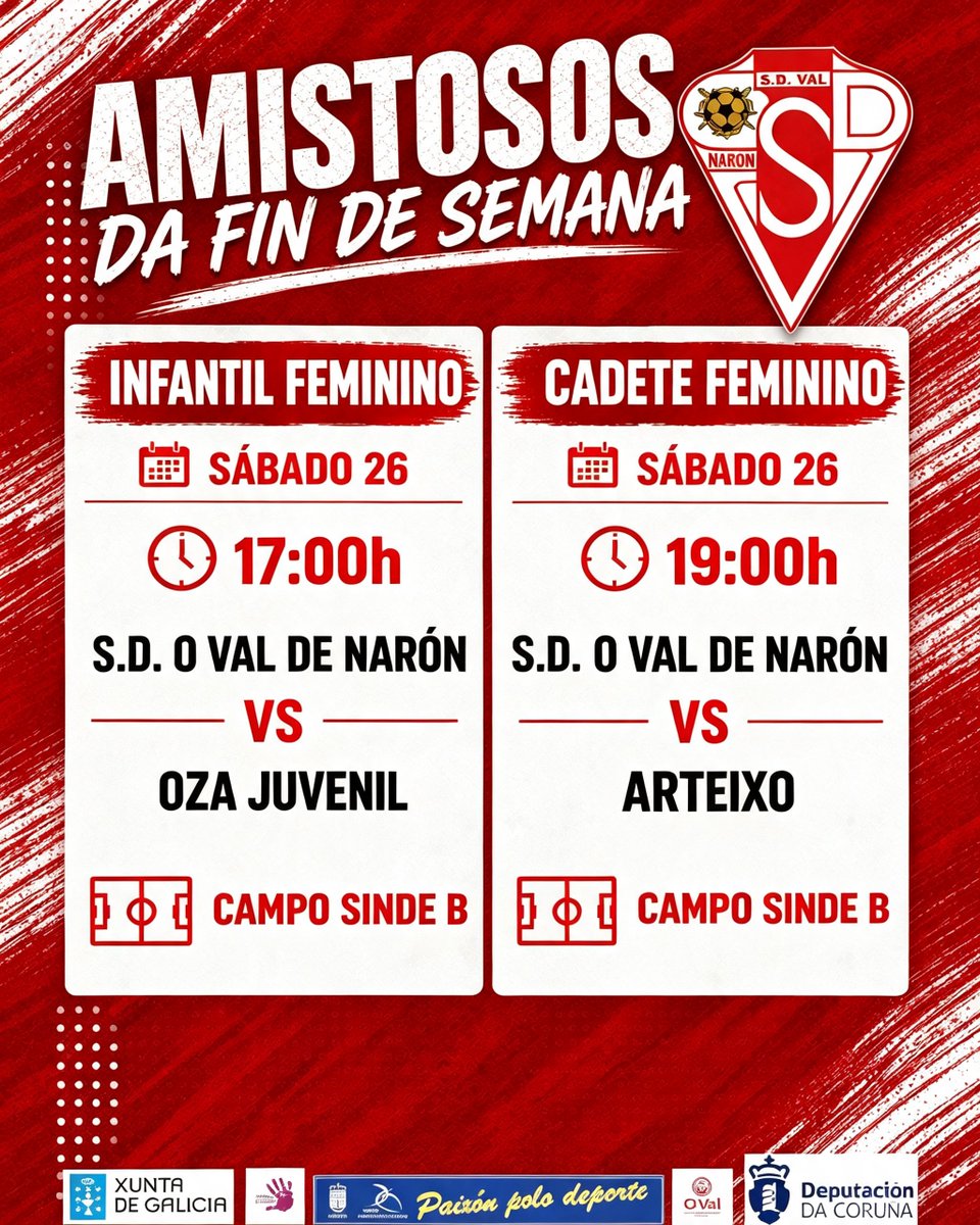 sdovaldenaron's tweet photo. ⚽️ SÁBADO DE FÚTBOL FEMININO ❤️🤍
Os nosos equipos volven ao campo para disputar unha nova xornada de partidos amistosos.
💪 Unha nova oportunidade para seguir collendo ritmo, competir e desfrutar do fútbol.
📣 Apoiemos aos nosos equipos!
❤️🤍 IMUS VAL!
#IMUSVAL https://t.co/7OTyGzGlTM