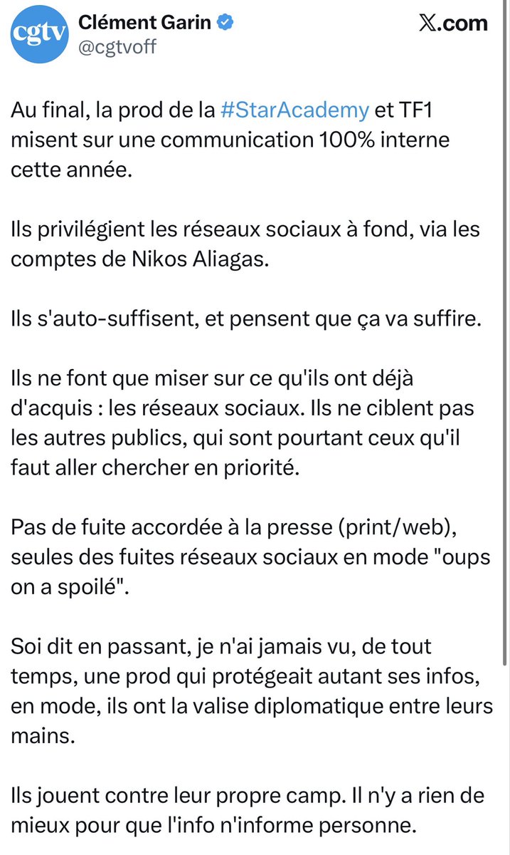 ValentinChenard's tweet photo. Suite logique pour Clément Garin. Il n’a pas d’informations, il ment et fait payer ses mensonges, et quand il est sur le fait accompli il s’attaque à la production qui gère parfaitement sa communication, contrairement à lui. 

Champion @cgtvoff ! #StarAcademy https://t.co/jGvepSKNrS