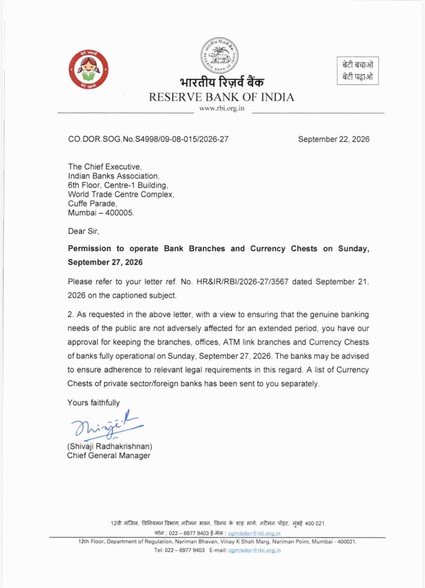 k_tapas1's tweet photo. @RBI Amid Bank strike called by Bank Unions , RBI directs Banks to Remain open on 27th September 2026 (Sunday) for convenience of Public. #india #bank #bankstrike  #sunday @nsitharaman @PMOIndia https://t.co/JUsS686s0H