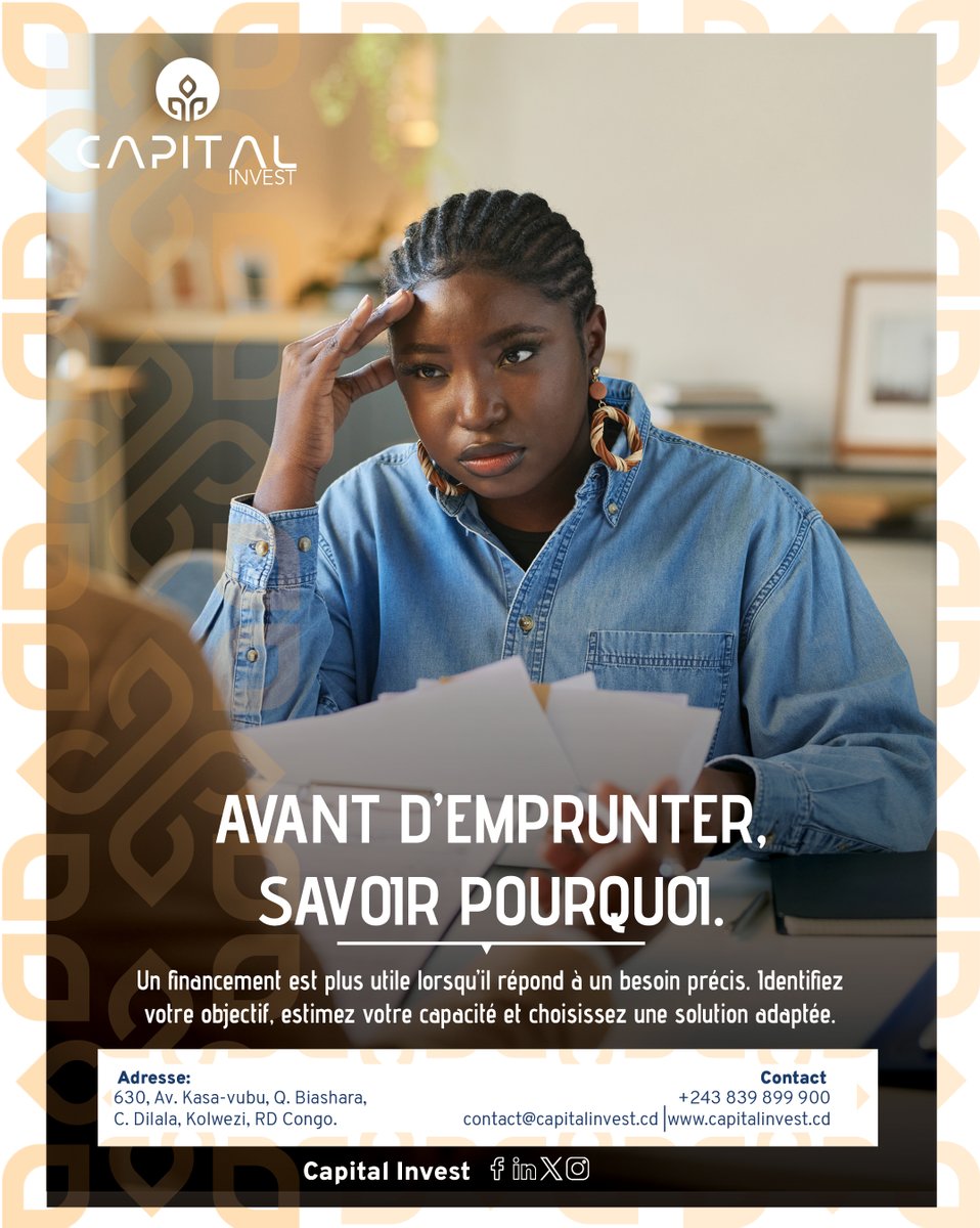 Capitalivst's tweet photo. Un financement est plus utile lorsqu’il répond à un besoin précis. 

Identifiez votre objectif et évaluez votre capacité de remboursement.

CAPITAL INVEST, à vos côtés pour financer vos projets de manière réfléchie.

#CapitalInvest #Financement #Crédit #Entrepreneuriat https://t.co/DGXXR1ZNiI