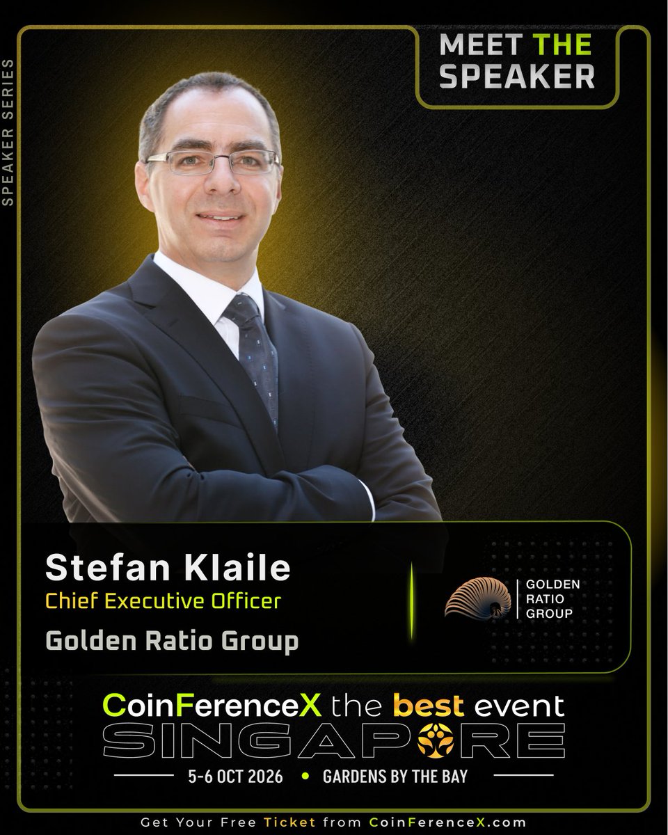 CoinFerenceX's tweet photo. Meet Stefan Klaile, CEO of Golden Ratio Group, onstage at CoinFerenceX The Best Event, Singapore.

With over 30 years of experience spanning financial markets, investment products, and regulated fund management, Stefan brings deep traditional finance expertise to the digital asset space. He has held senior leadership roles across international brokerages, banks, and consultancies and successfully founded and led a global fund-management business. Additionally, Stefan spent nearly 15 years shaping the next generation of finance professionals as a lecturer at the Frankfurt School of Finance & Management.

📍 5–6 Oct 2026
📍 Gardens by the Bay, Singapore

Stay tuned; more big names are dropping soon.

📅 RSVP on Luma: https://t.co/boaCunDBWJ
🤝 Sponsor or partner: https://t.co/Jeu6IXFGjy

#CoinFerenceX #TheBestEvent #GoldenRatioGroup