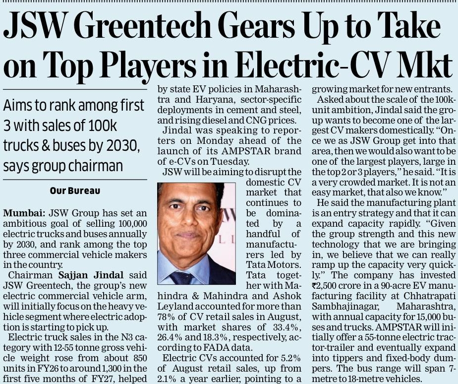 dheerajupadhyay's tweet photo. JSW Greentech is making a bold EV bet, targeting 100,000 electric truck and bus sales annually by 2030. A strong signal that India’s commercial EV market is entering its next growth phase.
#JSWGreentech #EV #CommercialVehicles #IndiaGrowth https://t.co/J3m6MZ3xjh