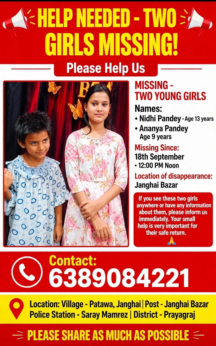 HRITIK_2000_11's tweet photo. To every woman seeing this, please don’t scroll past. ❤️

Nidhi (13) &amp; Ananya (9) have been missing for 6 days. Their family is waiting for them. Please repost and amplify—your one share could help bring these girls safely home. 🙏

#FindNidhiAnanya #WomenForWomen https://t.co/UgiE11n4dL