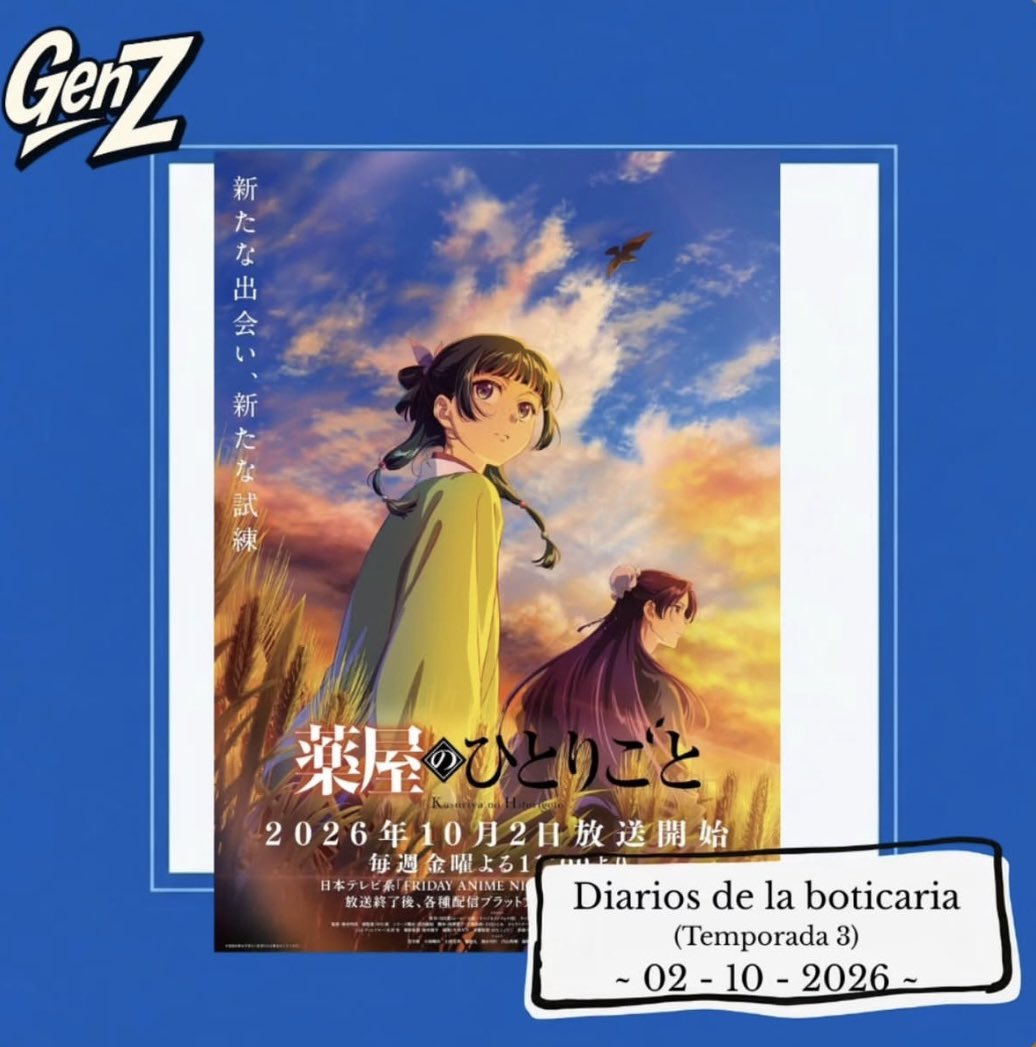 genzetto's tweet photo. Vuelven los diarios de la boticaria con su temporada 3.

#Genzetto #diariosdelaboticaria #Anime https://t.co/UKYsrxiOv6