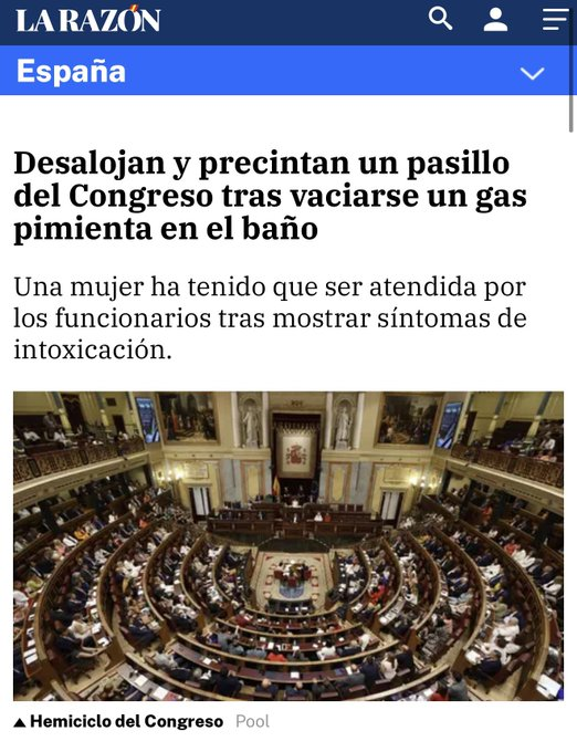 AlanBarrosoA's tweet photo. No me lo puedo creer. La diputada del PP ha vaciado el espray pimienta en los baños del Congreso. Esta es la señora a la que Feijóo quiere poner como ministra de interior. Son un puto meme. https://t.co/akzKjFKYxf