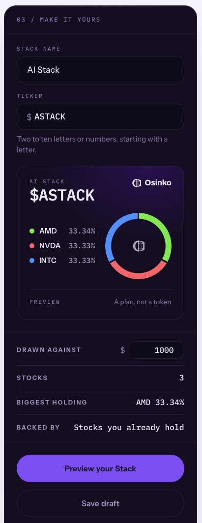 UseOsinko's tweet photo. Three stocks. One thesis.

If you were building your own Stack, what would go in it?

Drop your 3 picks, how you’d split the weights, and what you’d call it.

We’ll bring a few of your ideas to life in the builder. https://t.co/oiEQEWsEET