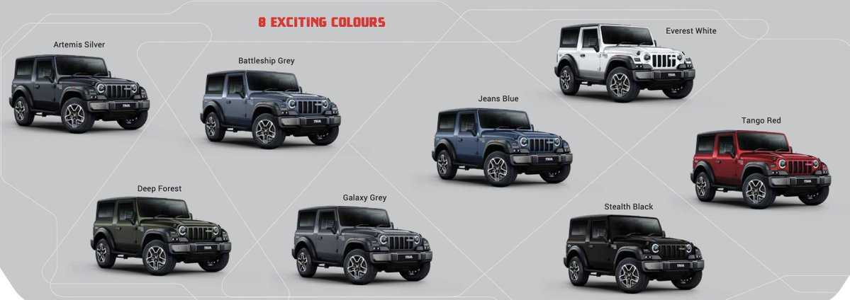 AUTOINTELIN's tweet photo. THE NEW MAHINDRA THAR OG COMES IN 8 COLOURS!

From rugged Deep Forest to bold Tango Red, the OG Thar has a shade for every personality. 

🎨 8 Colour Options:

✅ Artemis Silver

✅ Battleship Grey

✅ Deep Forest

✅ Galaxy Grey

✅ Jeans Blue

✅ Everest White

✅ Stealth Black

✅ Tango Red

Which colour would you choose for your Thar OG?