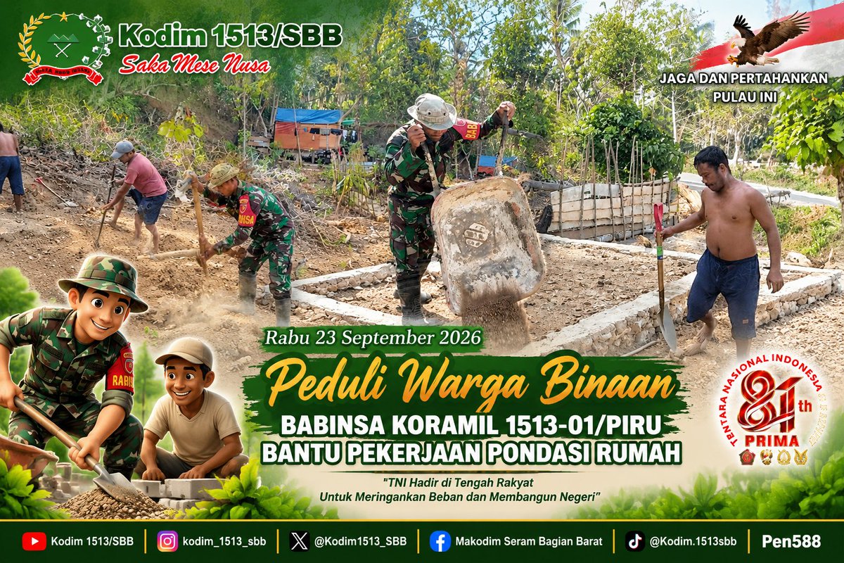M1513sbb's tweet photo. Peduli Warga Binaan, Babinsa Koramil 1513-01/Piru Bantu Pekerjaan Pondasi Rumah.

Baca selengkapnya👇
https://t.co/4zunh7QMf4 https://t.co/sHb6okL6VF