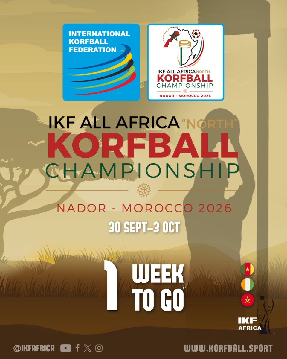 IKFafrica's tweet photo. Only #1WeekToToGo for the IKF All-Africa Korfball Championship North 2026 to be played from 30 September to 3 October in Nador, Morocco. ๐ฒ๐ฆ #AAKC2026 #AreYouReady @korfball
๐ฐ Event info, schedule & updates: https://t.co/LnMxkXVEoX
#korfball #TheMixedGenderSport #korfbal https://t.co/Ey3eO81BNF