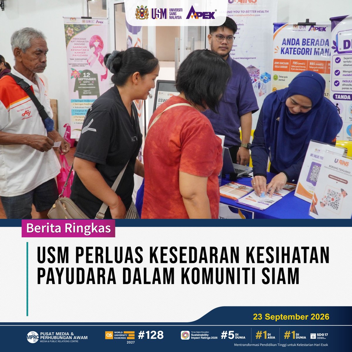 USMKesihatan's tweet photo. USM PERLUAS KESEDARAN KESIHATAN PAYUDARA DALAM KOMUNITI SIAM
Baca selanjutnya menerusi laman sesawang Kampus Kesihatan USM.
https://t.co/Z7SLLBlky1
#HPUSM
#KHUAM
#KanserPayudara
#SaringanKanser
#PengesananAwal
#KesedaranKesihatan
#KesihatanWanita
#SDG3 #SDG5 #SDG10 https://t.co/rll9ZwGG1d