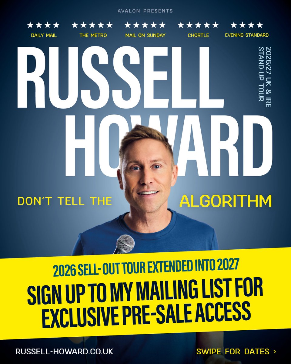 russellhoward's tweet photo. Here we go... Don’t Tell the Algorithm is being extended into 2027! A massive thank you to everyone who’s come to see the tour already, your support has been incredible. Sign up to my mailing list for exclusive pre-sale access from 10am on 30 September (link in bio). General on sale from 10am on 2 October.
