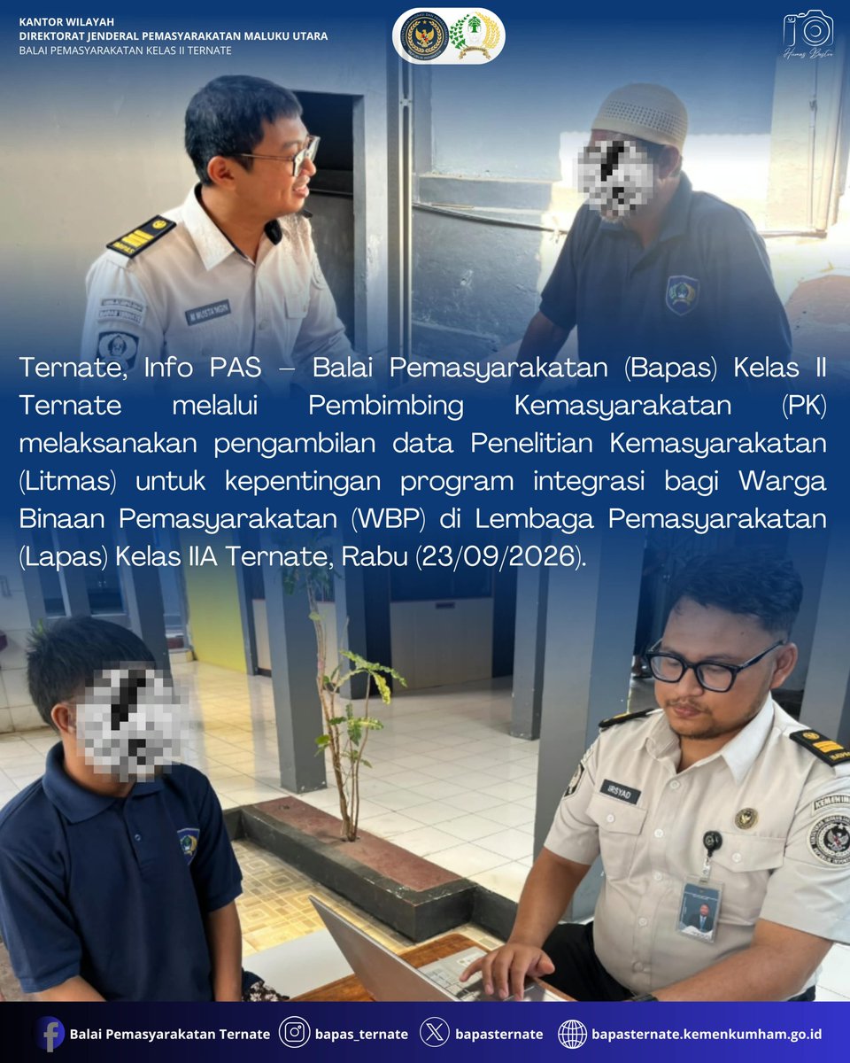 bapasternate's tweet photo. PK BAPAS TERNATE LAKUKAN PENGAMBILAN DATA LITMAS DI LAPAS TERNATE

#kemenimipas
#guardanguide
#infoimipas
#bapasternate
#humasbapasternate https://t.co/wZFaZzWsxT