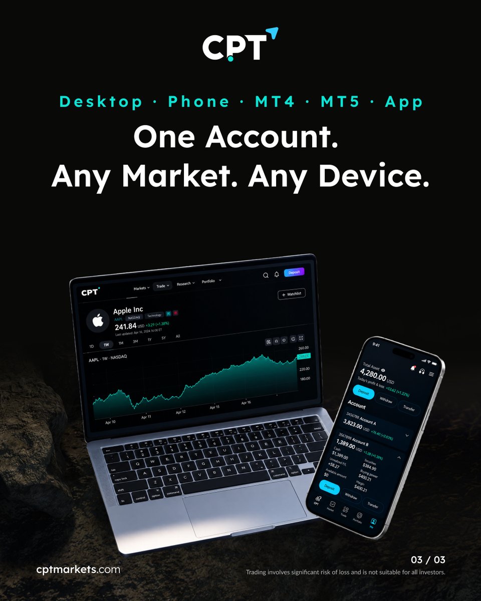 CPTMarkets_Intl's tweet photo. Apparently, a trading desk doesn't always need a desk. 👀

From desktop to mobile, access the markets across MT4, MT5, CPT App, and CPT Desktop.

Wherever your setup takes you.

One Account. Any Market. Any Device.

#CPTMarkets #TradingPlatform #MT5 #TradingStrategy https://t.co/PScFNHkOc6