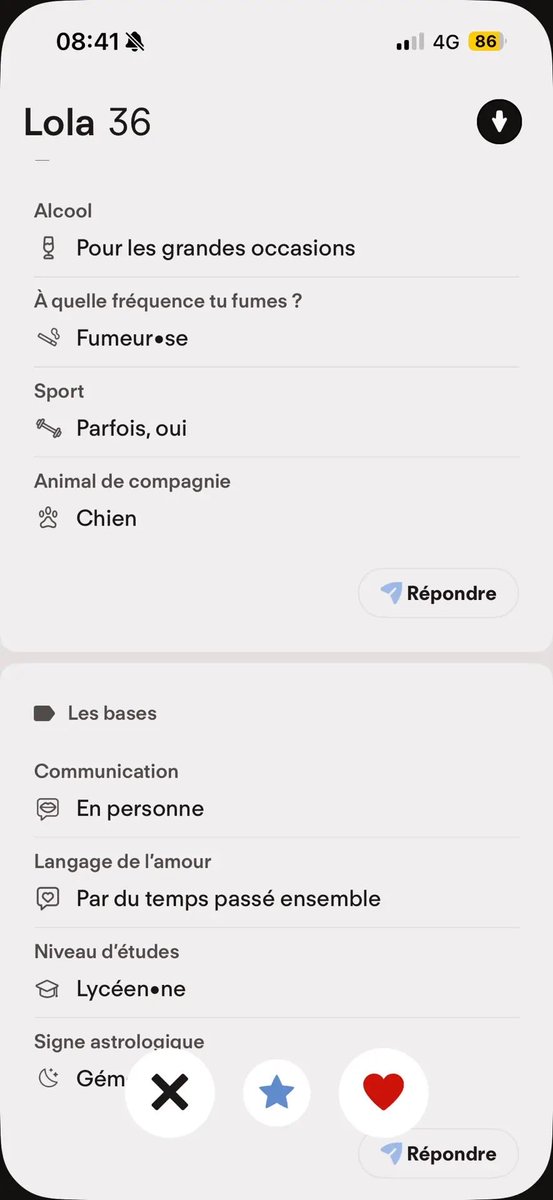 didyoukillbill's tweet photo. C’est pas moi sur Tinder , je fume pas je suis pas gémeaux je m’appelle pas Lola et j’ai pas 36 ans 🙃 signalez svp https://t.co/QHEMEodh2G