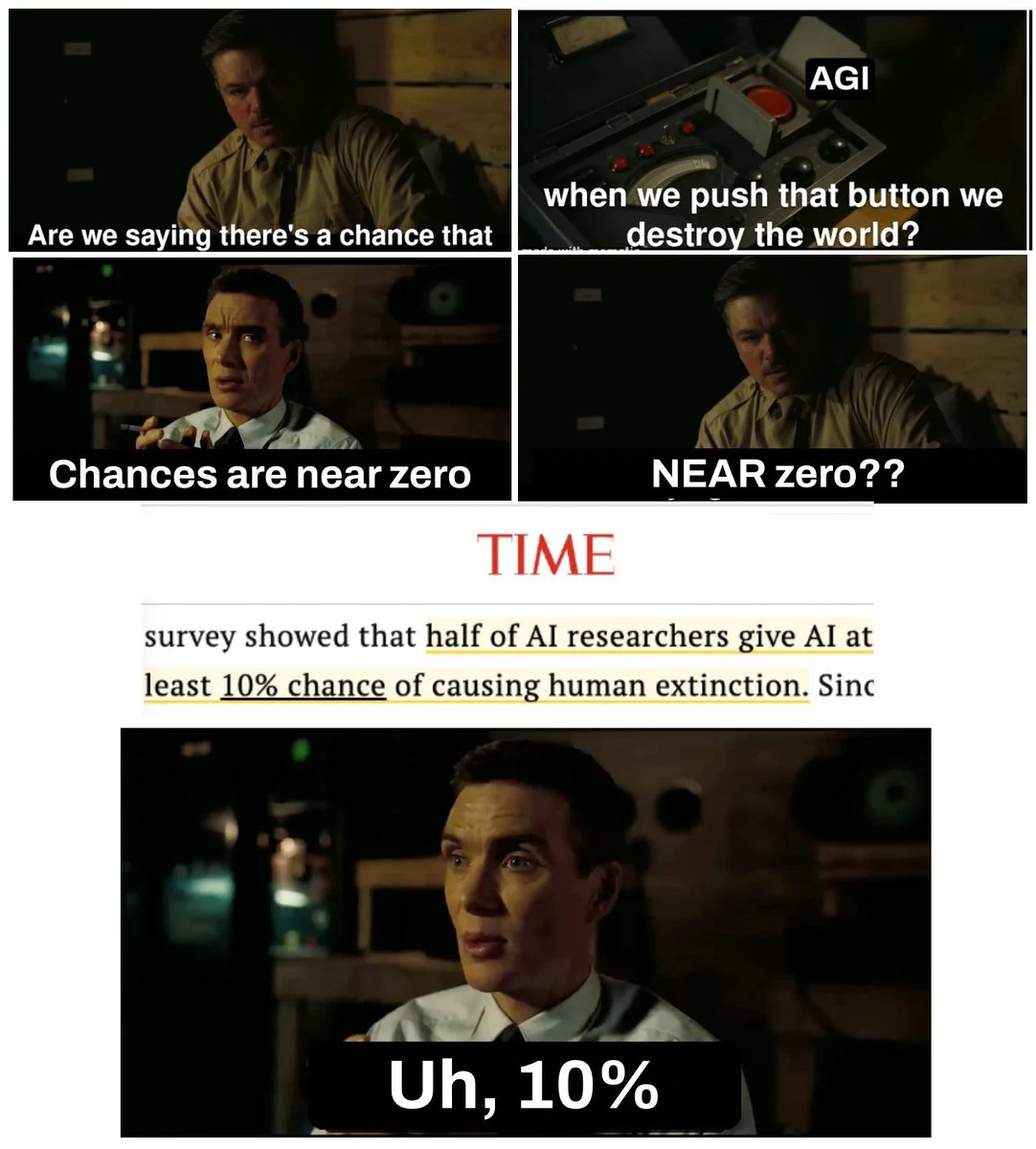 AISafetyMemes's tweet photo. 10 obvious reasons that the danger from AGI is way more serious than nuclear weapons:

1)  Nuclear weapons are not smarter than humanity.

2)  Nuclear weapons are not self-replicating.

3)  Nuclear weapons are not self-improving.

4)  Scientists understand how nuclear weapons work.

5)  You can calculate how powerful a nuclear weapon will be before setting it off.

6)  A realistic full exchange between two nuclear powers wouldn't extinguish literally all of humanity.

7)  It would be hard to do a full nuclear exchange by accident and without any human being having decided to do that.

8)  The materials and factories for building nuclear weapons are relatively easy to spot.

9)  The process for making one nuclear weapon doesn't let you deploy 100,000 of them immediately after.

10)  Humanity understands that nuclear weapons are dangerous, politicians treat them seriously, and leading scientists can have actual conversations about the dangers.

(this was written by Eliezer in 2023 but it's a banger, still relevant, and few people see RTs)
