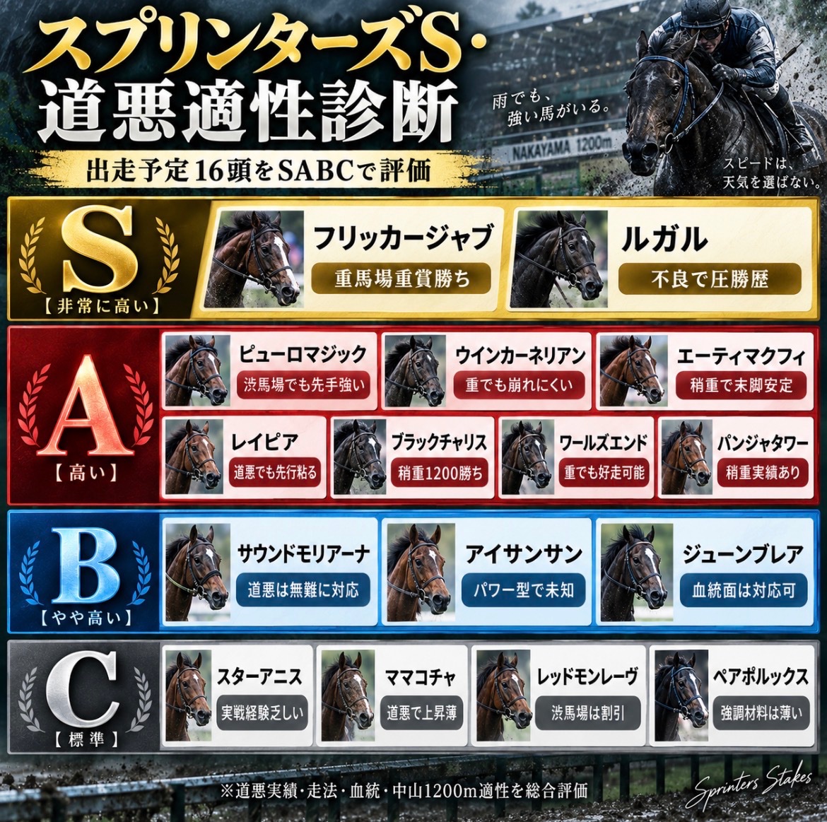 watasigaFuRi_Za's tweet photo. 【スプリンターズS・道悪適性診断】

フリッカージャブ　S
今年の北九州記念を重馬場の芝1200mで勝利。33.1の入りから早めに先頭へ立って押し切っており、単に着順だけでなく内容も強い。道悪でもスピードを削がれにくいこと証明済。

ルガル　S
3歳時の橘Sを不良芝1400mで5馬身差勝ち。これは今回のメンバーでも屈指の道悪適性。24年高松宮記念の重馬場では10着だったが、能力を出せる下地そのものは明確。

ピューロマジック　A
24年北九州記念を稍重で逃げ切り、今年の函館スプリントSも稍重で完勝。道悪寄りの1200m重賞を2勝しており、渋ってもテンの速さが落ちないのが最大の強み。

ウインカーネリアン　A
24年高松宮記念の重馬場で4着、25年シルクロードS稍重でも59kgを背負って3着。若い頃には稍重の皐月賞でも4着。道悪で大きくパフォーマンスを落としにくい。

エーティーマクフィ　A
今年の函館スプリントS稍重で2着。中団から33.5秒で伸びており、馬場が渋っても末脚を使えた点を評価。

レイピア　A
同じ函館スプリントS稍重で3着。好位から33.7秒でまとめており、道悪でも追走・加速とも大きな問題は見せていない。

ブラックチャリス　A
今年の青函Sを稍重芝1200mで勝利。2番手から抜け出しており、小回りの渋った1200mへの実戦適性は証明済み。

ワールズエンド　A
有松特別の重馬場で2着、勝ち馬と0.1秒差。ロードカナロア×リラヴァティでパワーもあり、少なくとも重までならマイナス材料にはしにくい。

パンジャタワー　A
京王杯2歳Sを稍重で勝ち、豪州ゴールデンイーグルでも重馬場で5着。軽い芝専用ではなく、馬場がタフになっても能力を保てる。

サウンドモリアーナ　B
今年の北九州記念の重馬場で6着、勝ち馬から0.6秒差。悪くはないが、フリッカージャブほど「道悪で上がる」材料まではない。可もなく不可もなくの評価。

アイサンサン　B
13戦の大部分が良馬場で、道悪実績は乏しい。父キズナ×母父シンボリクリスエスで血統的には対応余地があるため、未知数だがCまで落とさずB。

ジューンブレア　B
稍重経験は2歳時のデイリー杯2歳S7着程度で、1200mの本格的な道悪経験がほぼない。American Pharoah×Galileoなのでパワー面の裏付けはあるが、現状は「未知」のB。

スターアニス　C
現時点で全6戦が良馬場で、道悪の実戦経験がないし、陣営コメントからも微妙。ただ父ドレフォン×母父ダイワメジャーでパワー型の要素があり、血統面では大きく嫌う必要はないが、人気込みでC。

ママコチャ　C
24年高松宮記念の重馬場で8着。馬場状態別でも良馬場時ほど成績が安定しておらず、実績からは道悪で上昇するタイプとは評価しづらい。

レッドモンレーヴ　C
24年安田記念の稍重で11着。その際に鞍上も「走りづらい馬場」とコメントしている。切れ味を生かすタイプだけに、1200mでさらに道悪となるとプラスには取りづらい。

ペアポルックス　C
芝稍重が0-0-0-3。24年北九州記念稍重では17着。もちろん展開等の要因もあるが、今回の16頭では道悪で明確なプラス材料が最も乏しい。
