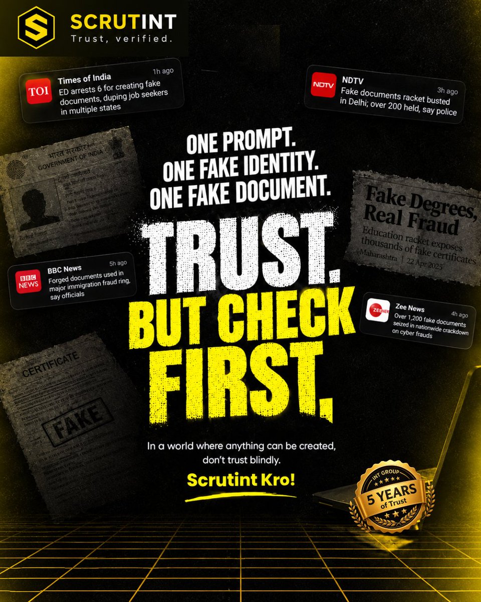 ScrutINT's tweet photo. Trust is important. But when identities, documents, and claims can be created in seconds, checking first matters. Before you hire, partner, rent, or say yes—take a moment to check.

#Scrutint #checkfirst #backgroundcheck #IdentityCheck #FraudPrevention https://t.co/NKg0FBlzIi