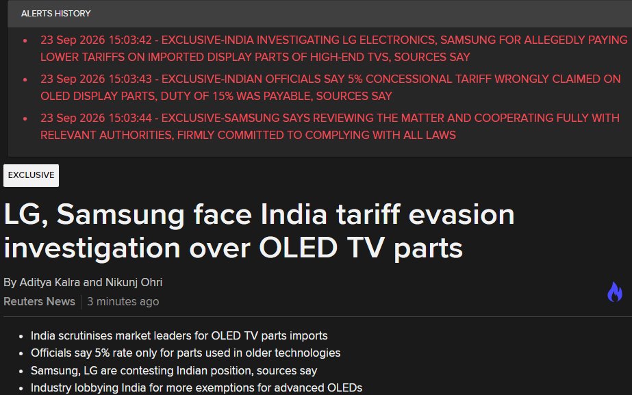 adityakalra's tweet photo. BREAKING on @Reuters -- LG, Samsung being investigated in India for import tariff evasion on display parts of OLED TVs. With @Nikunj_Ohri https://t.co/rOvOugkN6U