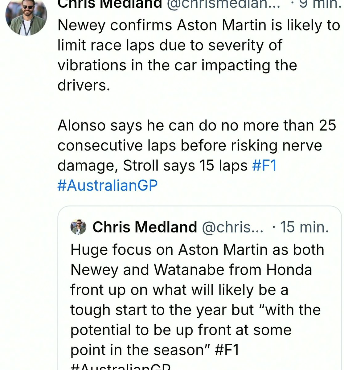 BrianJohnsew's tweet photo. [Chris Medland] &amp;quot;Newey confirms Aston Martin is likely to limit race laps due to severity of vibrations in the car impacting the drivers. Alonso says he can do no more than 25 consecutive laps before risking nerve damage, Stroll says 15 laps&amp;quot;
#NBA #NothingButNet https://t.co/JdvezQK6QH