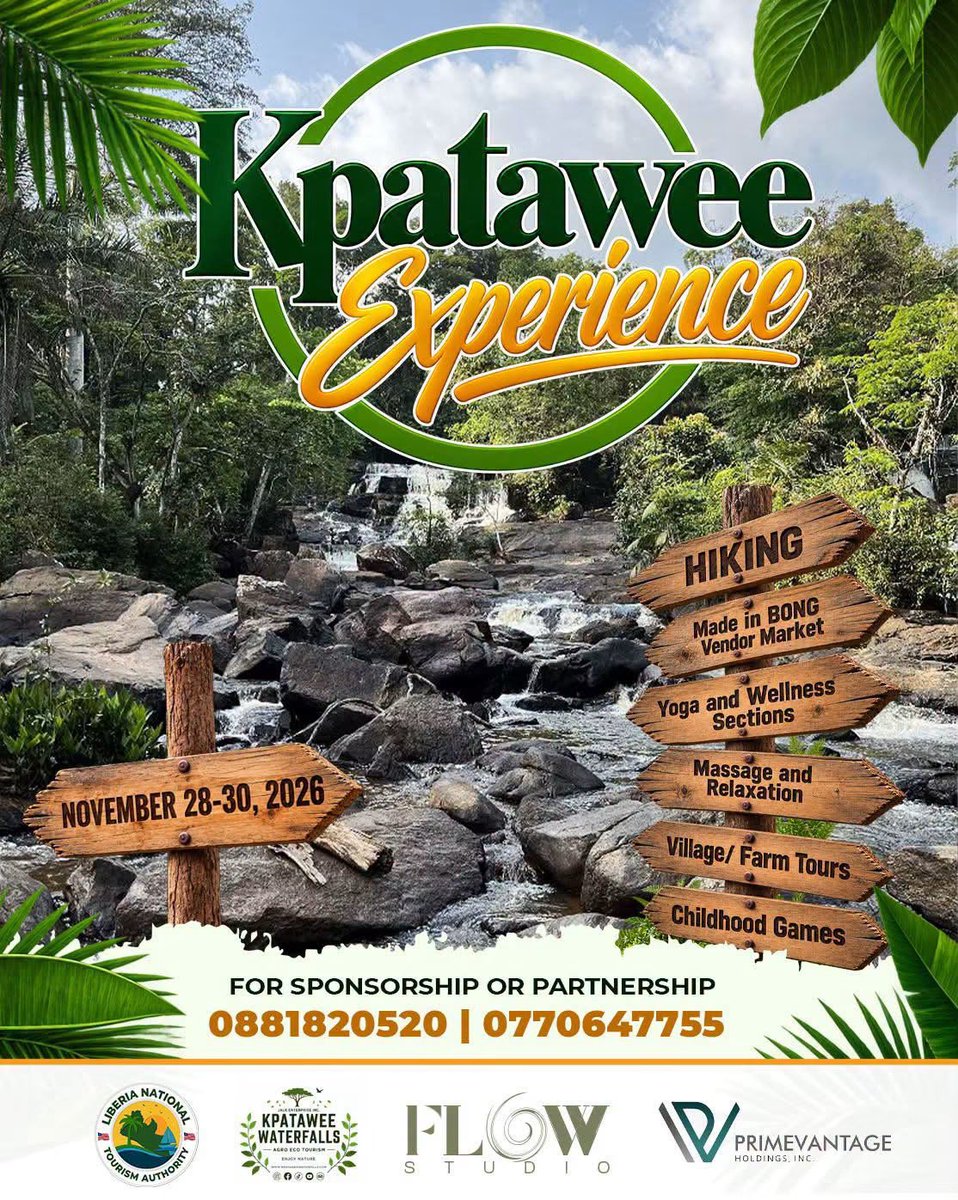 LNTA231's tweet photo. Three days of nature, culture and an unforgettable adventure in Bong County.

From November 28–30, 2026, the Kpatawee Experience invites you to slow down, explore, connect and see Liberia from a different perspective.

#UnforgettableLiberia #LNTA #TheChoicestDestination https://t.co/uZajaPKXcK