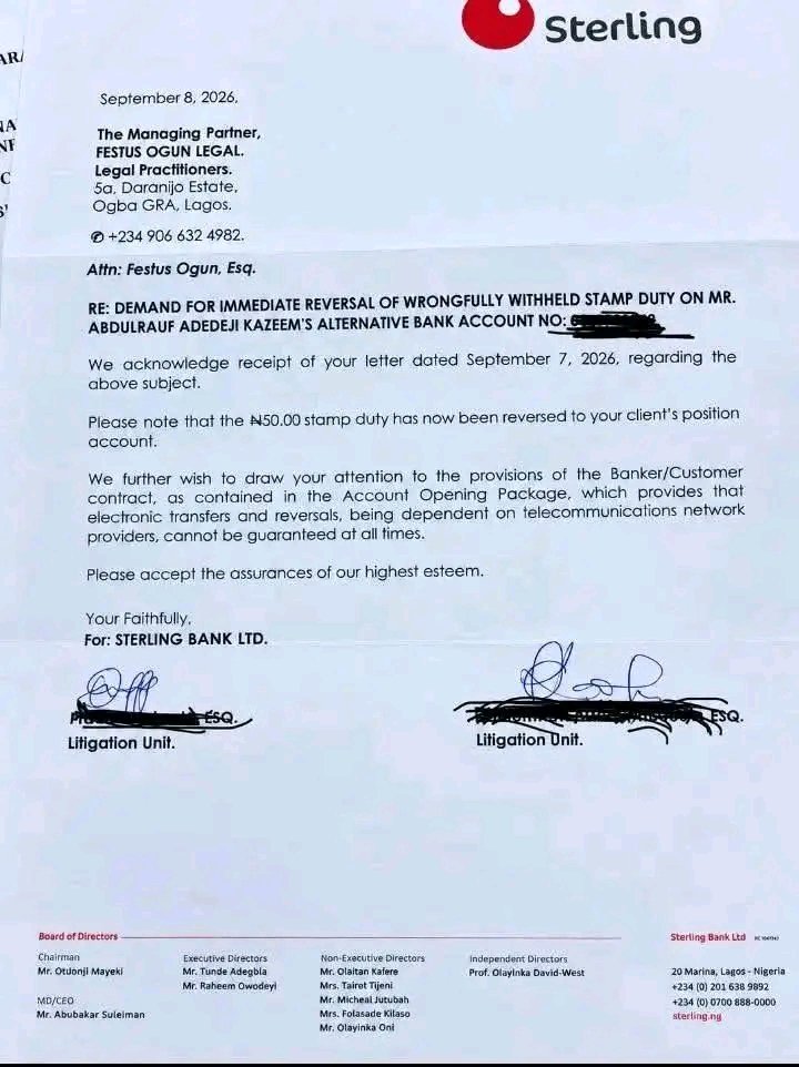 YaseerikoAdam's tweet photo. He made a transfer of ₦25,000 from his Sterling Bank account, but there was a problem and the transaction did not go through. The following day, the bank reversed the ₦25,000, but they forgot to refund the ₦50 stamp duty fee. 😂
That was why his lawyer sent them a letter, warning that they would take legal action if the money was not refunded.
Now, they have refunded the money and even sent him a letter of apology. 🤣🤣.