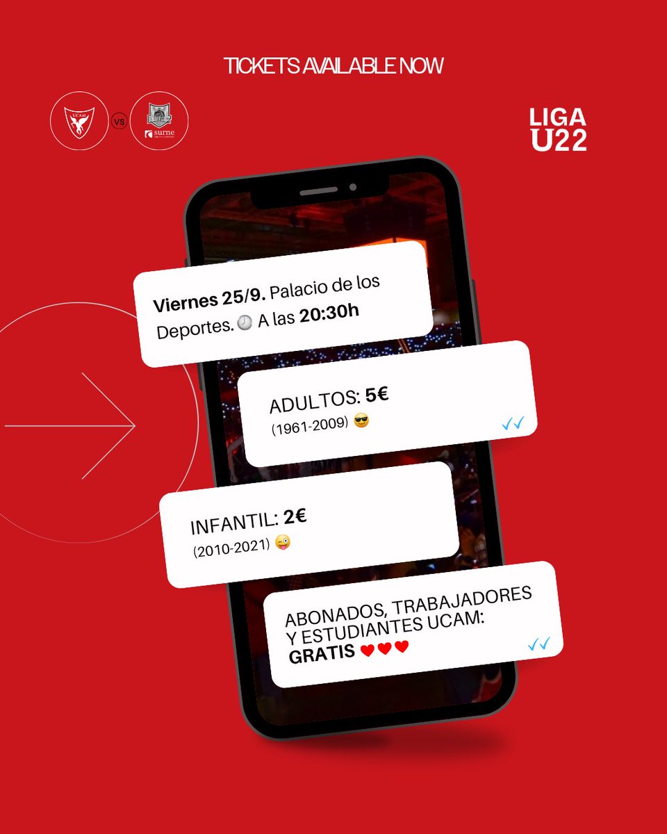 UCAMMurcia's tweet photo. ‼️¡Ya disponibles las entradas para el primero de @Liga_U22 en el Palacio!

🆚 @bilbaobasket 
🗓️ 25 de septiembre | 20:30H
📍 Entrada por puertas 6️⃣ y 7️⃣ del Palacio
🎟️ https://t.co/bF8nI1zd80

#Astros #LigaU #CanteraCAIXABANK https://t.co/EJJNyUDTTF
