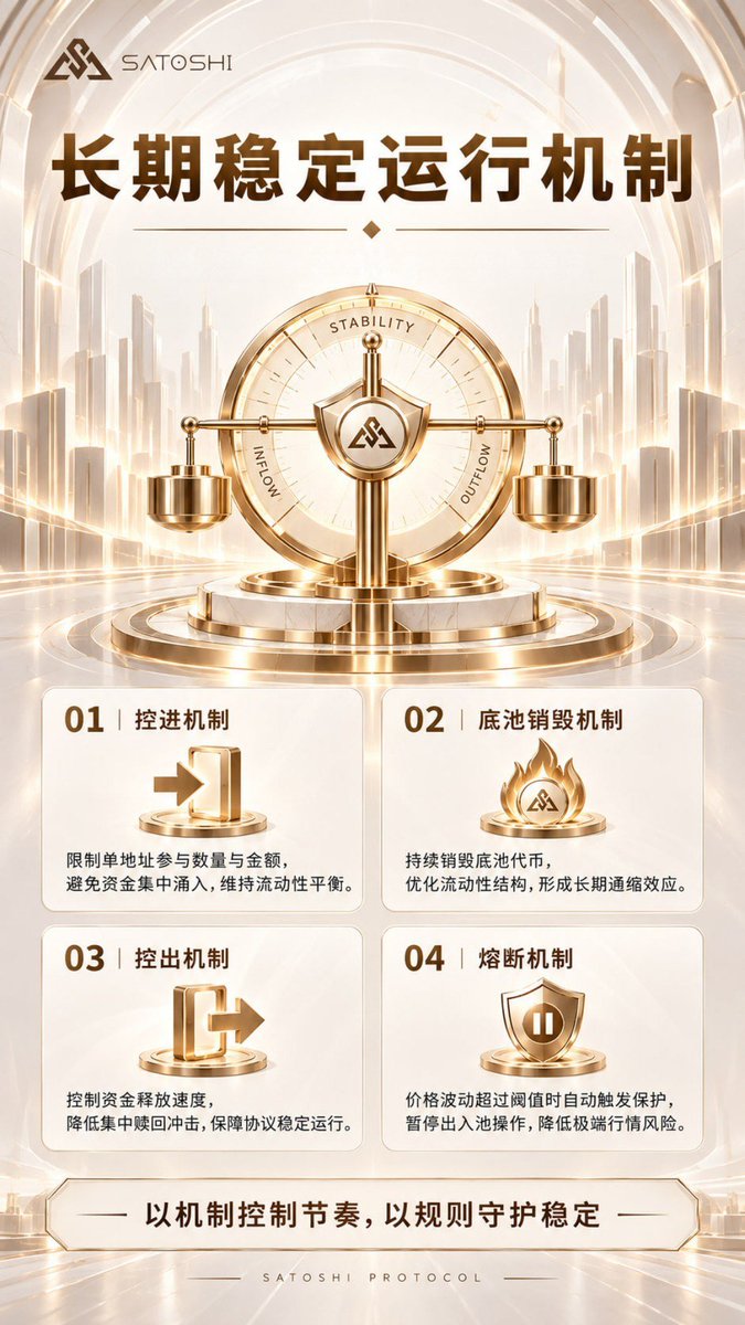 HHuachao's tweet photo. 控进，是让流动性有序进入，
而非一拥而上 ⚖️

控出，是让释放节奏稳定，
而非集中踩踏 🛡

销毁与熔断，是让通缩与安全同时成立，
而非二选一 🔒

以机制控制节奏，
以规则守护稳定 🔥

#中本聪协议 #SPR #长期稳定 #机制运行 #链上规则 https://t.co/RgpHuptWfT