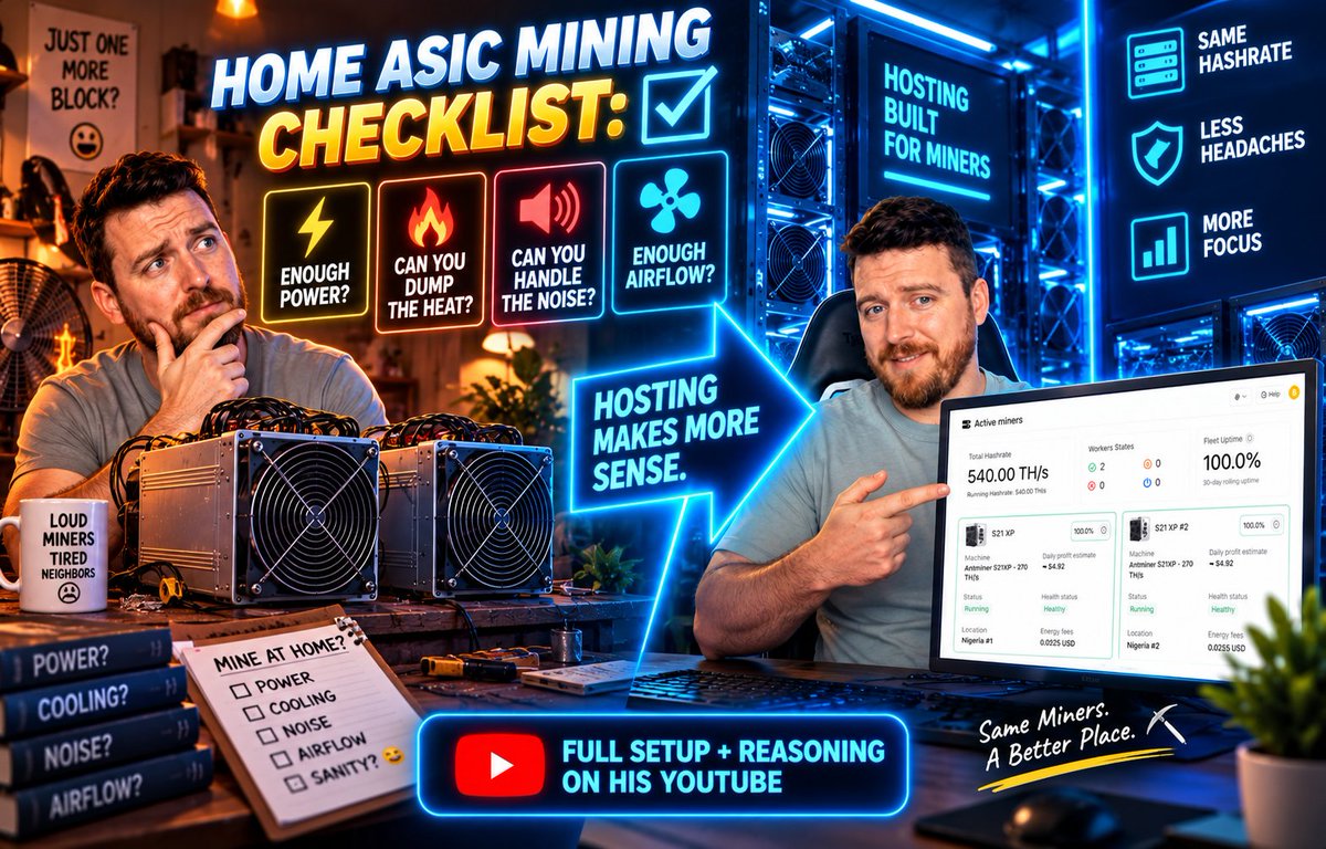 ADrenwick84356's tweet photo. Home ASIC mining checklist:
⚡ Enough power?
🔥 Can you dump the heat?
🔊 Can you handle the noise?
🌬️ Enough airflow?

BearMarketMiner decided hosting made more sense for his two S21 XP miners.

His full setup + reasoning are now on YouTube. ⛏️

#BitcoinMining #ASICHosting https://t.co/C3PItJJPoD