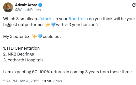 WealthEnrich's tweet photo. This was Jan 2025.
I already owned ITD Cementation, NRB Bearings and Yatharth Hospitals and felt all three had 60–100% potential over the next 3 years.
Turns out, the move came much faster & all three are now around 2.5x.

₹3 lakh invested equally then
= ~₹7.5 lakh today & counting !!