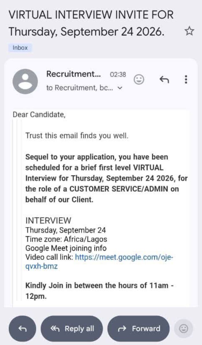 The_Ojn's tweet photo. Who received this mail?

Tomorrow is the interview

Get ready 
Wishing you all the very best of life. https://t.co/9gHXjT8qkj