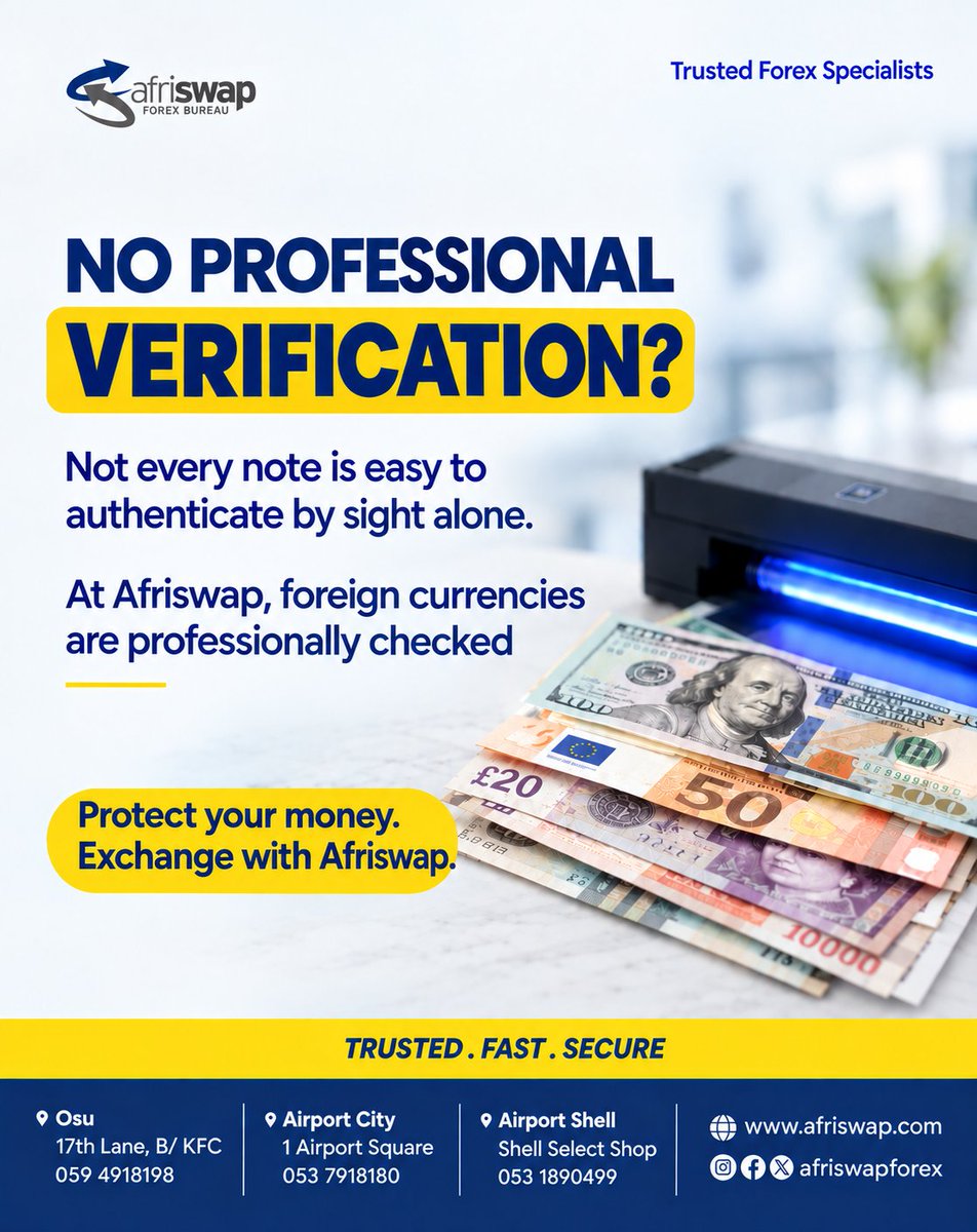 afriswapforex's tweet photo. Foreign currency exchange you can trust.

Visit  Afriswap Forex Bureau for all your foreign currency exchange in Ghana. #ForexBureauAccra #CurrencyExchangeGhana #USDToGHS #GBPToGHS #EURToGHS https://t.co/aVnWjw4VVW