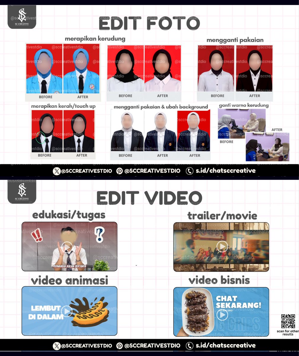 Yubiichanz's tweet photo. WTS Edit Video, Edit Foto,Video, Poster, Banner Sidang, Poster, Infografis, Lanyard, ID Card, Pamflet, Twibbon, Pricelist, Story, Feeds ig, Freebies, Stiker, Jersey, UI/UX, Carousel, dll 

✅ Free request &amp; revisi 
✅ Cepat, trusted 💯
☎️ Wa @sccreativestdio

#zonauang #zonaba https://t.co/unA7W21smW