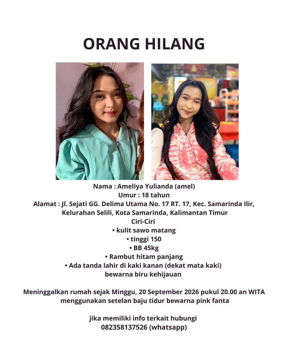 bbarbieie's tweet photo. teman teman aku boleh minta tolong ga.. kalo liat ini tolong bantu di retweet

siapapun yg melihat adek aku khususnya warga SAMARINDA, tolong whatsapp ke 082358137526 ya

aku minta tolong bgt bgt, sekecil apapun informasi sangat berharga buat aku. aku cuman punya adek aku… https://t.co/KBpYqaXmqU