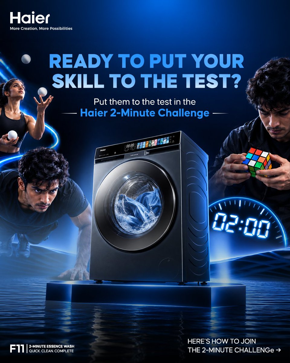 IndiaHaier's tweet photo. Ready to take on the challenge? Show us your 2-minute talent and stand a chance to win a Haier washing machine!
#Haier #MoreCreationMorePossibilities #Haier2MinuteFlex #2Minutes #Challenge #F11WashingMachine https://t.co/KpifRiIf2H