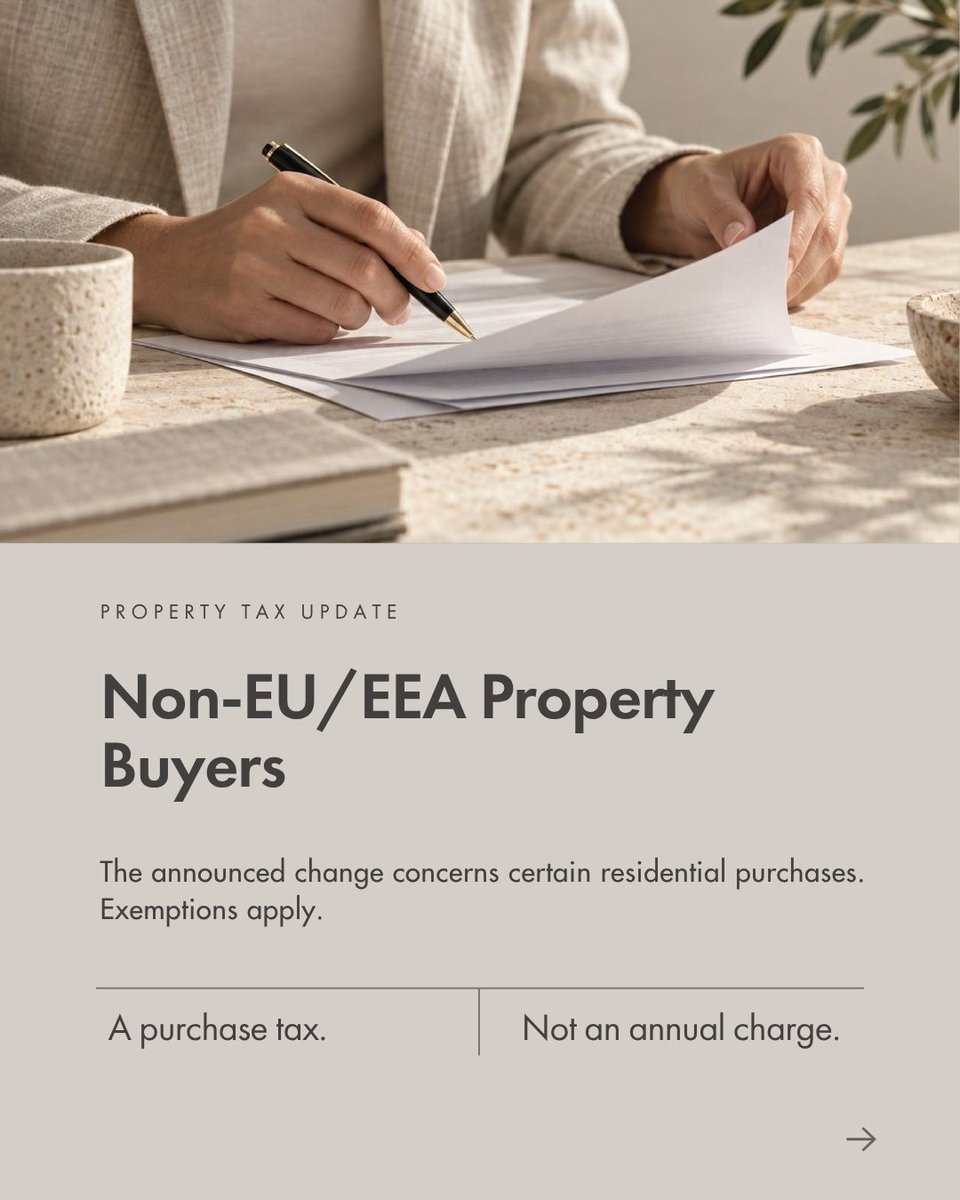 SantheosGreece's tweet photo. PROPERTY TAX UPDATE | GREECE 2027 

Buying property in Greece? An announced transfer-tax change could impact your budget starting in 2027.

For non-EU/EEA buyers, the base property transfer tax is set to increase from 3% to 15% on certain residential purchases.

What you need to know:
• This is a one-time purchase tax, not an annual charge.
• Exemptions apply, so it is crucial to review your buyer status early.

Plan with clarity before committing to your next investment.

📩 Let's talk about your plans.
🔗 Read the full article on our website: https://t.co/r4YKvvOwRU
.
.
.

#santheos #goldenvisagreece #greece #realestate #propertytax #investment