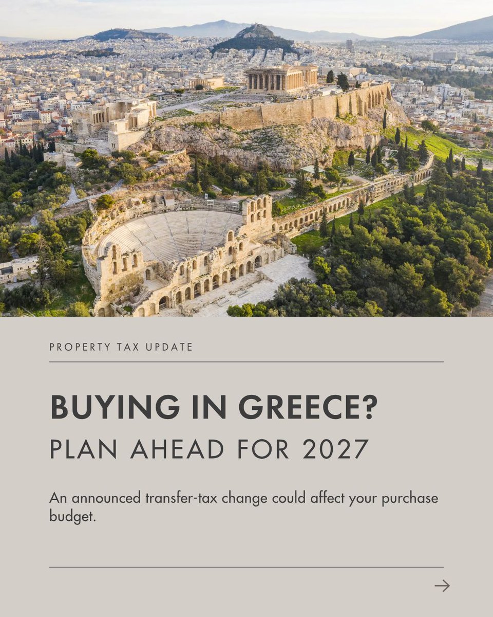 SantheosGreece's tweet photo. PROPERTY TAX UPDATE | GREECE 2027 

Buying property in Greece? An announced transfer-tax change could impact your budget starting in 2027.

For non-EU/EEA buyers, the base property transfer tax is set to increase from 3% to 15% on certain residential purchases.

What you need to know:
• This is a one-time purchase tax, not an annual charge.
• Exemptions apply, so it is crucial to review your buyer status early.

Plan with clarity before committing to your next investment.

📩 Let's talk about your plans.
🔗 Read the full article on our website: https://t.co/r4YKvvOwRU
.
.
.

#santheos #goldenvisagreece #greece #realestate #propertytax #investment