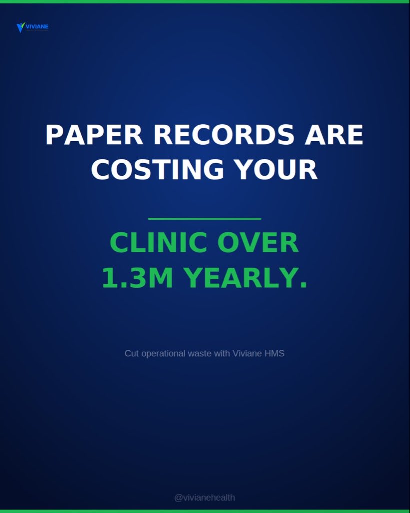 VivianeHealth's tweet photo. 30 patients a day. Paper records. That’s ₦1.3M+ burned yearly on printing, filing, retrieval.

Viviane HMS makes every record digital. Every naira counts.

DM us to see it for your facility.

#HealthcareNigeria #ClinicOwner #DigitalRecords #HospitalManagement https://t.co/JmrhQqrV0Y