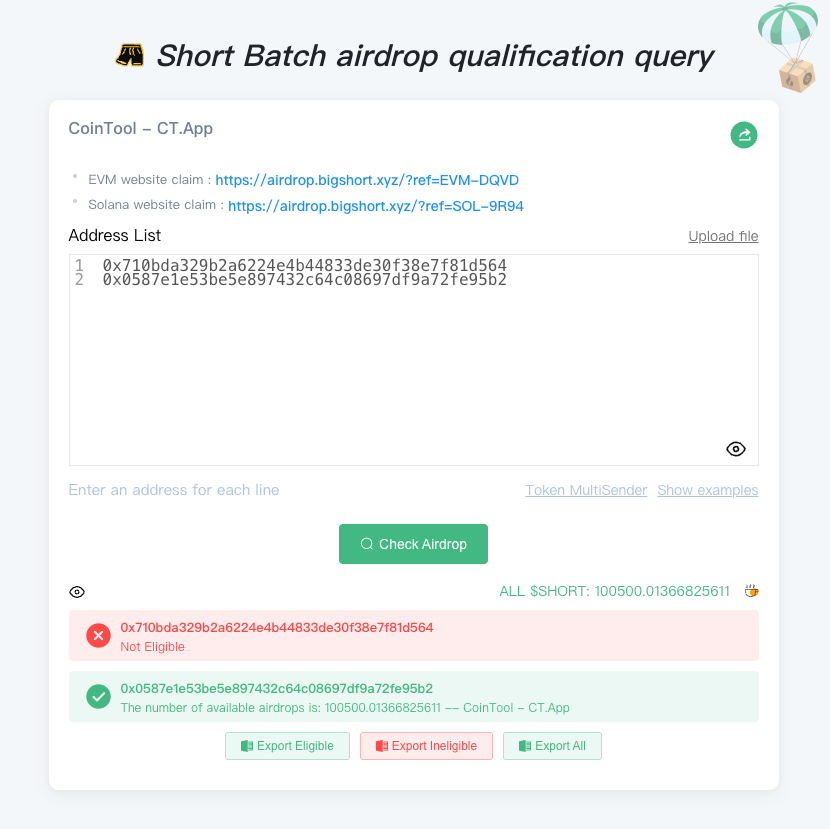 cointool's tweet photo. New Airdrops - bigshort batch airdrop qualification query

🔗 https://t.co/xMQu19FzUS

Keep building ⚒️ @cointool @Bigshortdotxyz
 
#Short $SHORT  #Airdrops  #CRYPTO #CoinTool #Bigshort https://t.co/aBeqjo3RmW