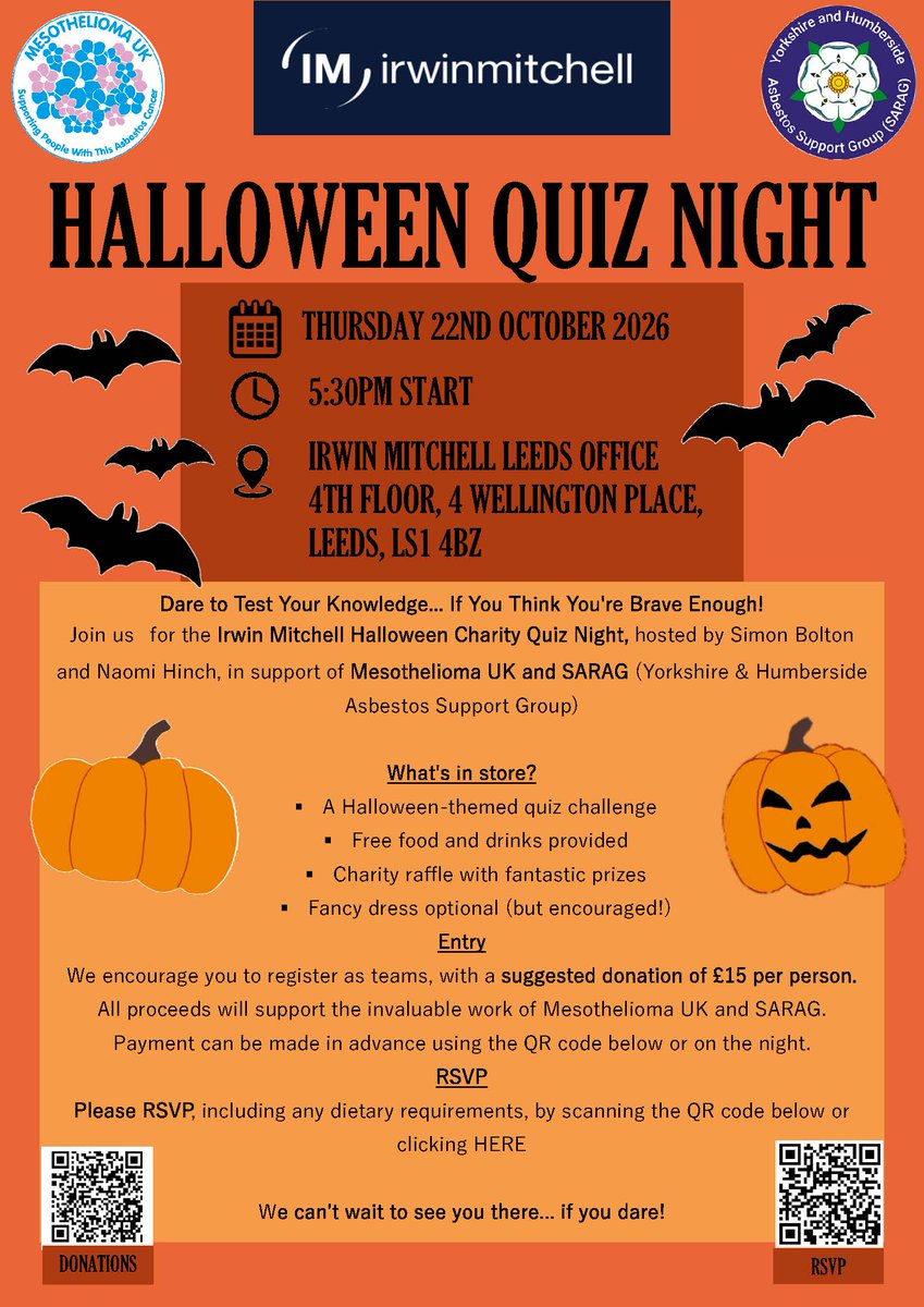 meso_sheffield's tweet photo. Join friends and colleagues at this fabulous spooky quiz on 22nd October, raising money for
@Mesouk and SARAG. 🎃

Hosted by @irwinmitchell https://t.co/f2j9Jdd43r
