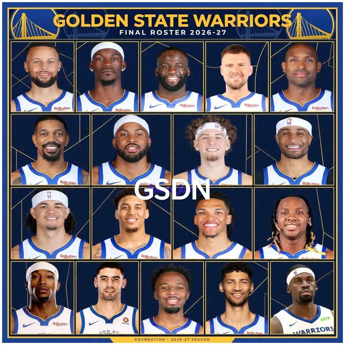 GoldenStat70782's tweet photo. 🚨Golden State Warriors FINAL ROSTER 2026-27 🔵🟡

The new-look Dubs are here! 👀

🔷 STARTERS:
🔶Stephen Curry 
🔶Jimmy Butler 
🔶Draymond Green 
🔶Kristaps Porzingis 
🔶Al Horford

🔷BENCH MOB:
🔶De'Anthony Melton 
🔶Moses Moody 
🔶Brandin Podziemski 
🔶GP2 
🔶Gui Santos 
🔶Yaxel Lendeborg 
🔶Will Richard 
🔶Charles Bassey 
🔶Brandon Williams 
🔶Georges Niang

🔷TWO-WAY:
🔶LJ Cryer 
🔶Malevy Leons 
🔶Graham Ike

Is this a CHAMPIONSHIP roster? 🏆

🔷Note: Jimmy Butler & Moses Moody are still in recovery and will be re-evaluated soon. 

Wishing them a speedy recovery! 🙏

#DubNation #Warriors #GoldenStateWarriors #NBA