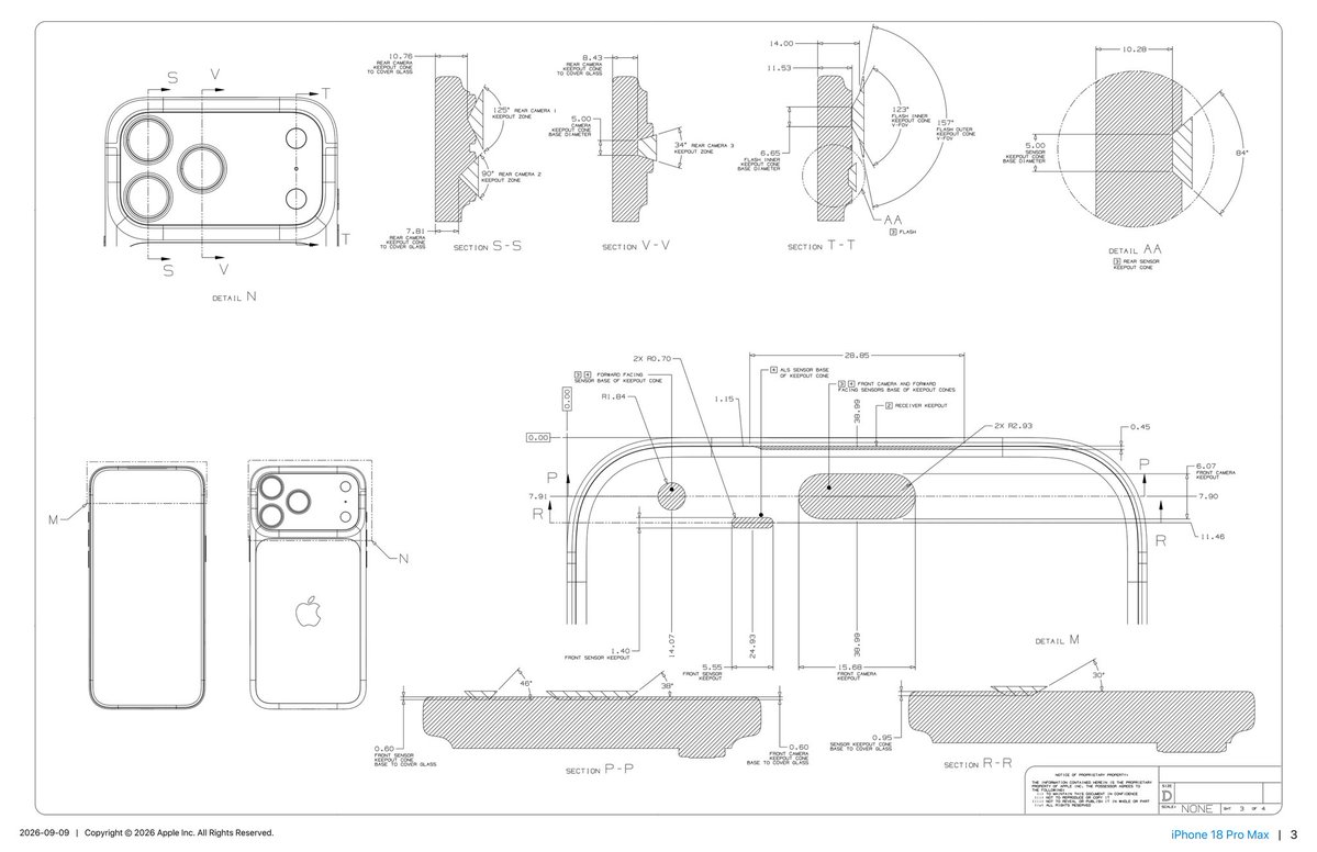 VNchocoTaco's tweet photo. Apple’s iPhone 18 Pro Max drawings are out. Same body dimensions as the 17 Pro Max: 163.43 × 77.98 × 8.75 mm. But the rear camera assembly protrudes 0.46 mm more, Apple logo in the back shifted. Same size, same case fit. https://t.co/SxILIBKrOv